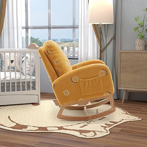 Miniatura 5 de HomSof Modern Nursery - Silla mecedora decorativa de mediados de siglo con bolsillo lateral, silla mecedora tapizada de madera con respaldo alto,