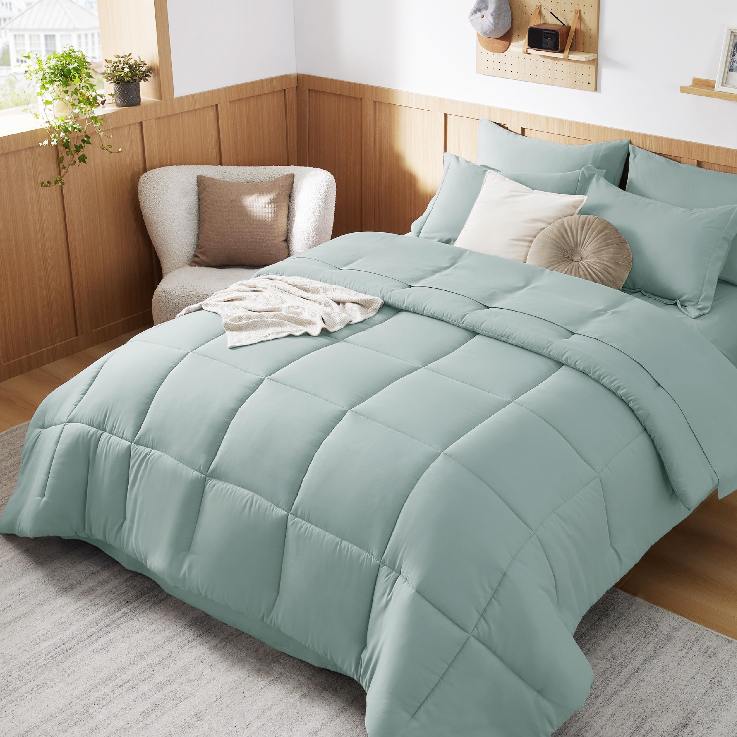 Bedsure Sage Green Twin Comforter Set - 5 Piece Set Including Comforter, Sheets, Pillowcases & Shams, Recommended for College or Extra Long Twin Beds