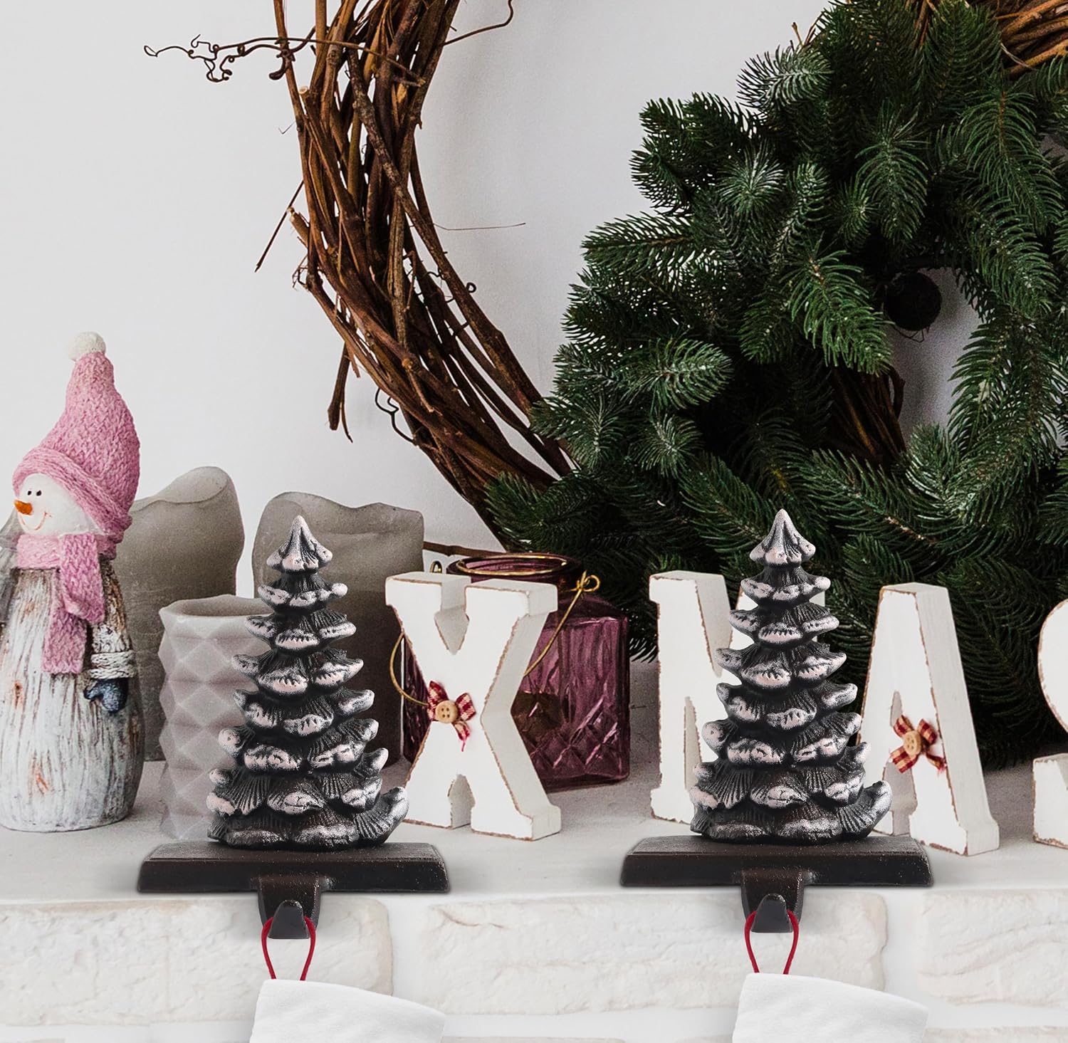 2 Pack Christmas Metal Snow Tree Stocking Holders Rustic Pinecone Hooks | Fireplace Mantel Holiday Hanger Tabletop Decor Set