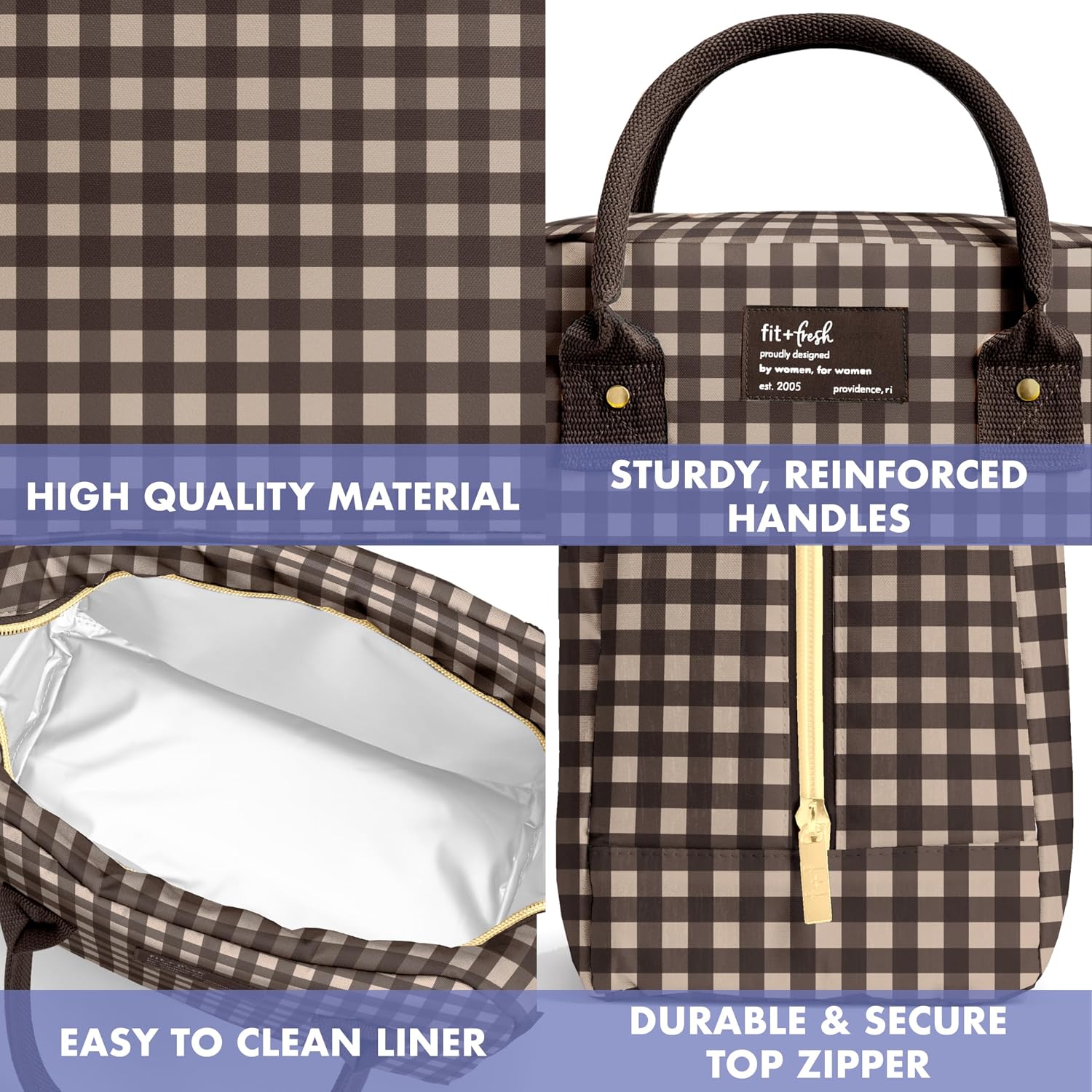 Fit & Fresh Bloomington Lunch Bag for Women - Insulated Large Lunch Box for Work with Containers, Leak-Resistant, Gingham Tan image 5