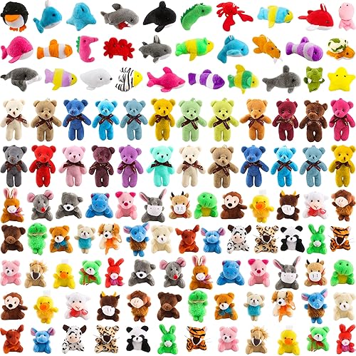 130 piezas de animales de peluche pequeños a granel, mini oso de peluche, llavero de peluche de animales marinos para el día del niño, regalos de