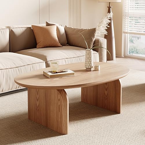 Honyee Modern Oval Coffee Table, Small Coffee Tables for Living Room - Oak Wood Top with Solid Legs, Wooden Center Table Easy Assembly for Living Room &Bedroom,Office, Natural