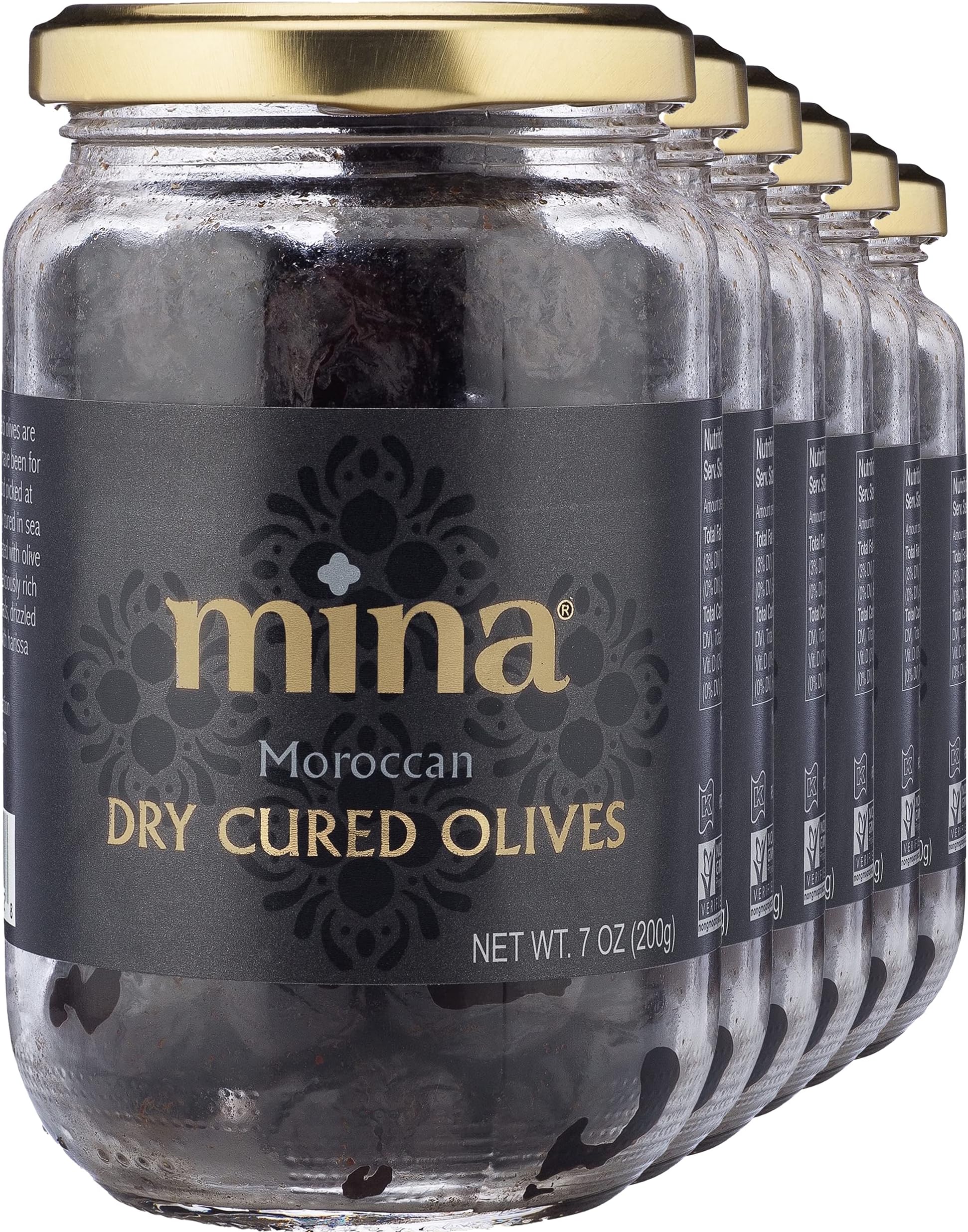Mina Dry Cured Black Olives, 7 oz (Pack of 6) - Moroccan Olive Oil Cured Olives, Premium Handpicked and Naturally Cured Dried Olives, Non GMO, Gluten Free, Low Carb, Vegan, Great Paleo Keto Snacks