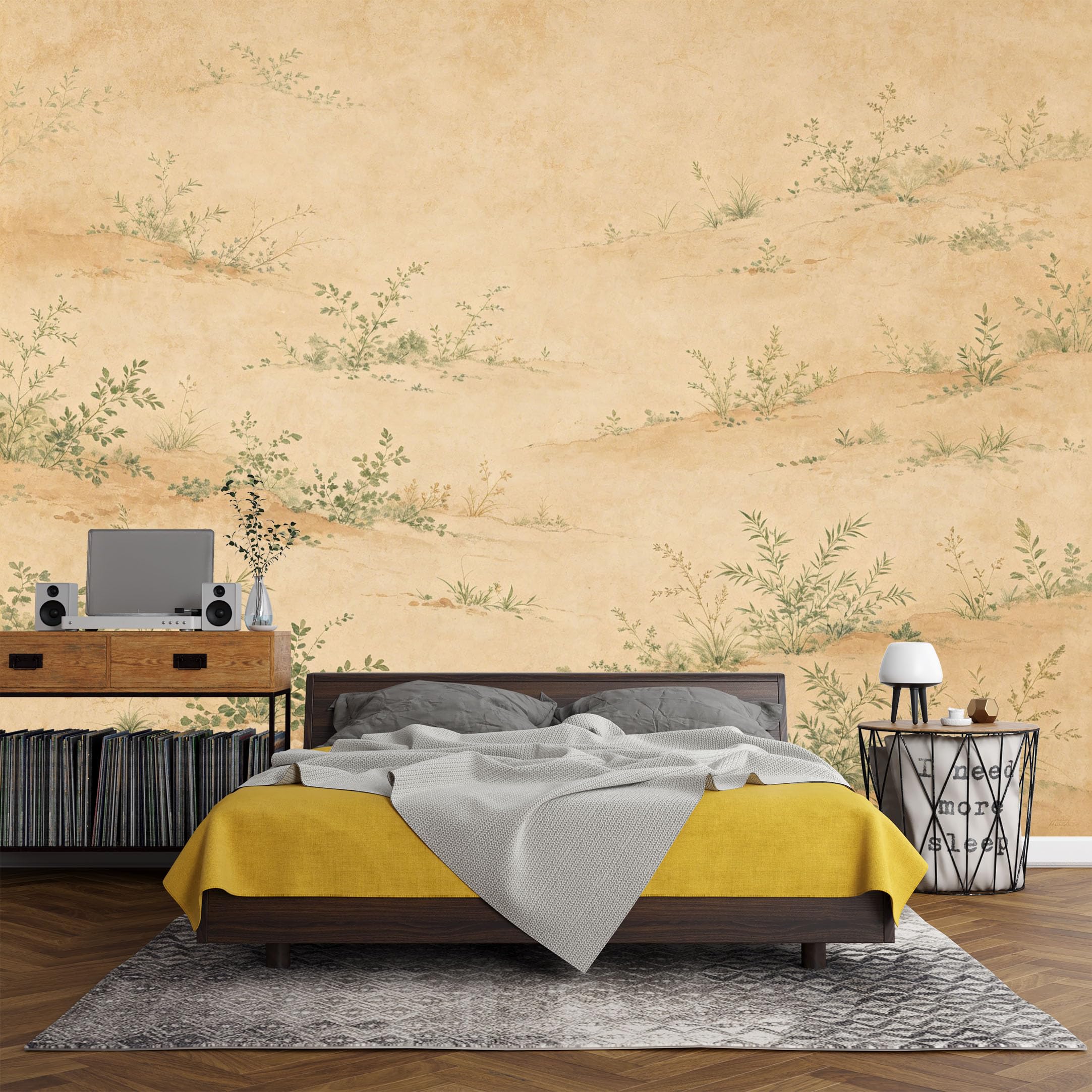 Custom Size Wall Mural， Botanical Vintage Beige Grassland Minimalist Watercolor Landscape， SelfAdhesive Art Prints wall Fabric (No PVC) Removable Wallpaper Living Room Decor