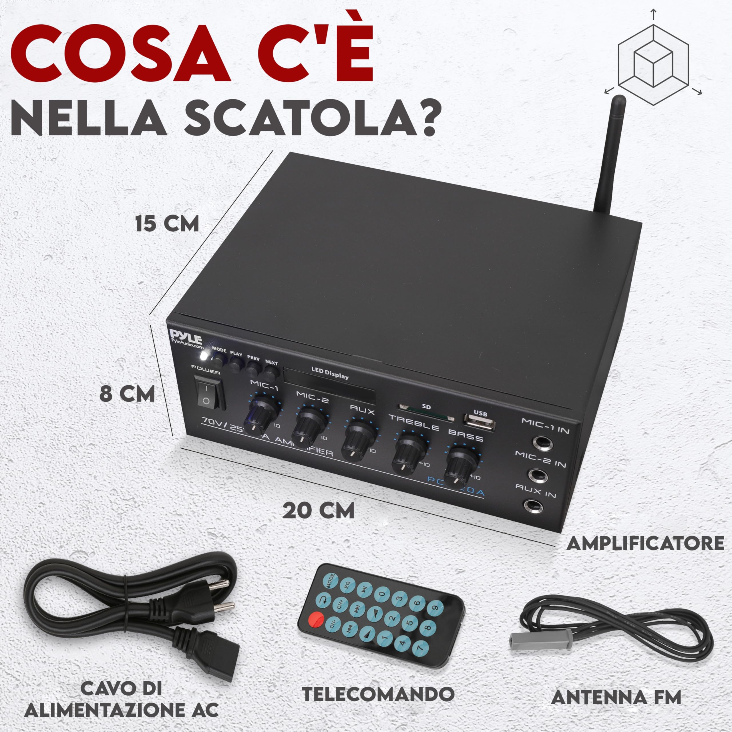 Pyle Amplificatore Audio Stereo Compatto 40 Watt, Ricevitore Audio Mini Smart con AUX, 2 Ingressi Microfono, Compatibile con Altoparlanti da 8 Ohm, 25V/70V, Selettore LED per Uscite Altoparlanti