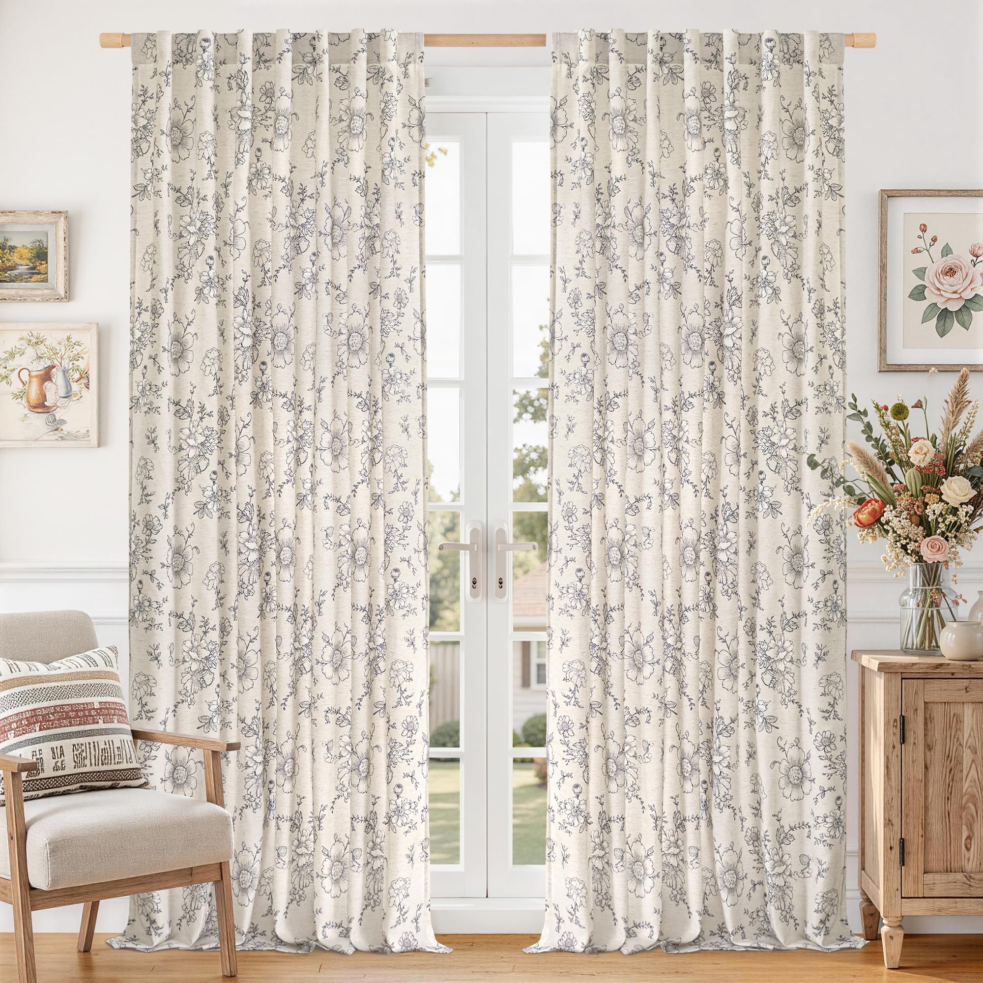 Vintage Floral Linen Curtains - 84 Inch Panels -20