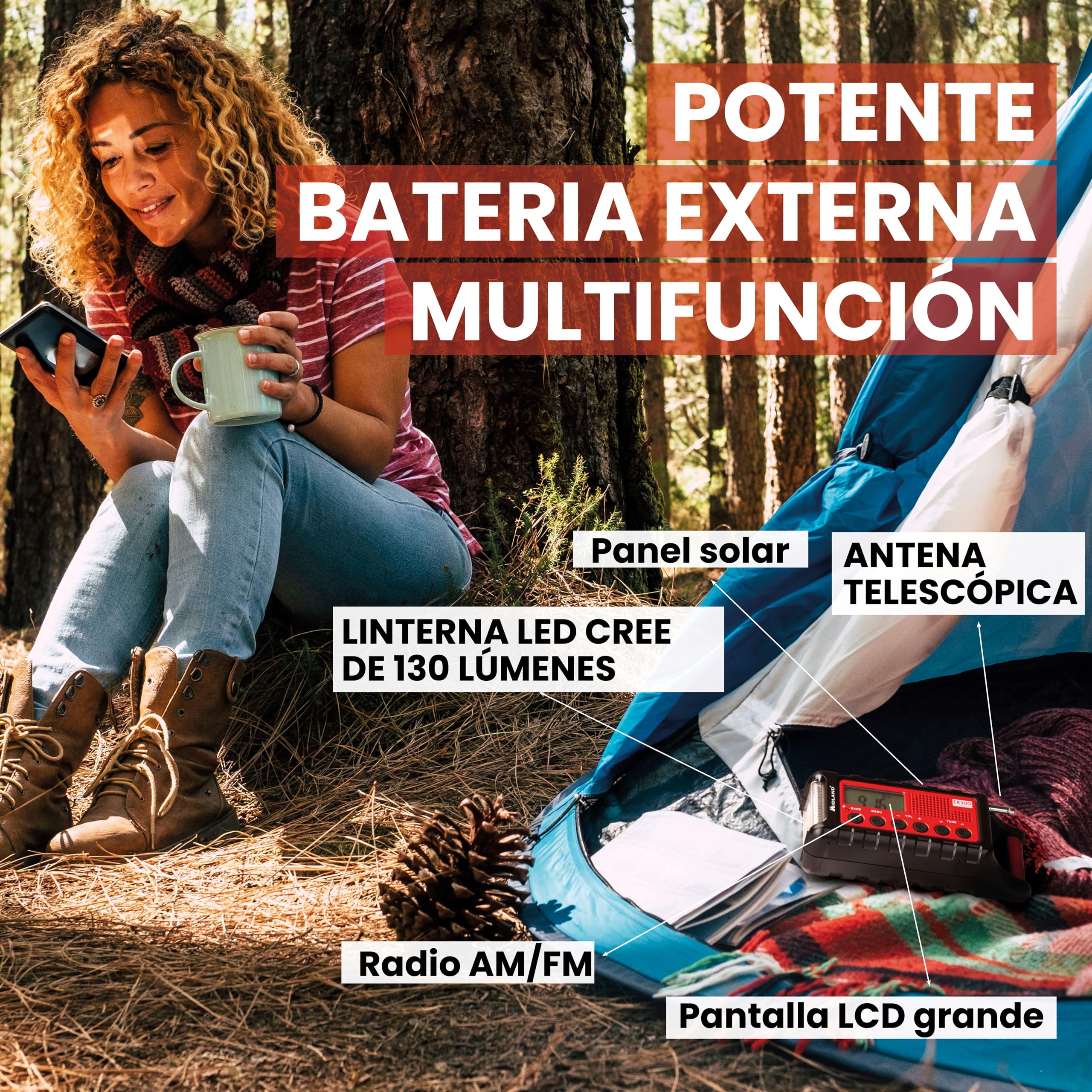 Midland - Batería Externa de Emergencia ER300 Multifuncional para Camping y Outdoor, Linterna LED Dinamo, Radio FM/Am con Placa Solar, Función SOS y Ultrasonidos para Perros, Pilas Recargables