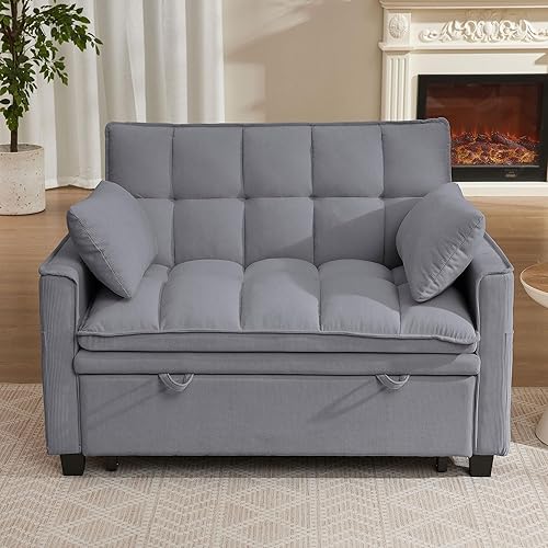 Miniatura 10 de Sofá biplaza pequeño de 48 pulgadas, sofá biplaza de lino moderno de mediados de siglo, sofás de 2 asientos con almohadas y patas de madera para