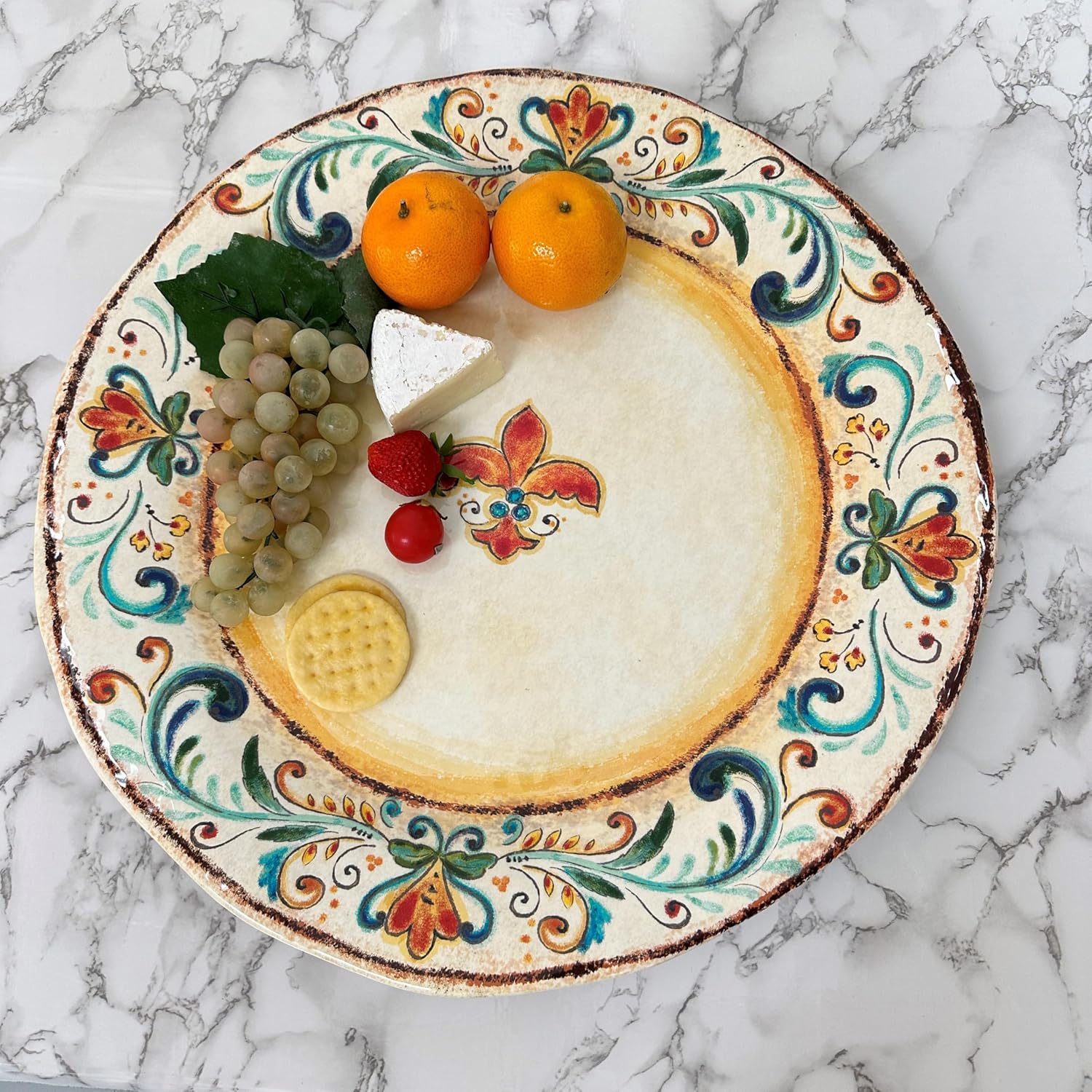 UP Tuscany Melamine Round Serving Platter, Vintage Floral Scroll Design, BPA-Free Large Platter for Charcuterie, Food, and Fruit, Multicolor, 19 Inch
