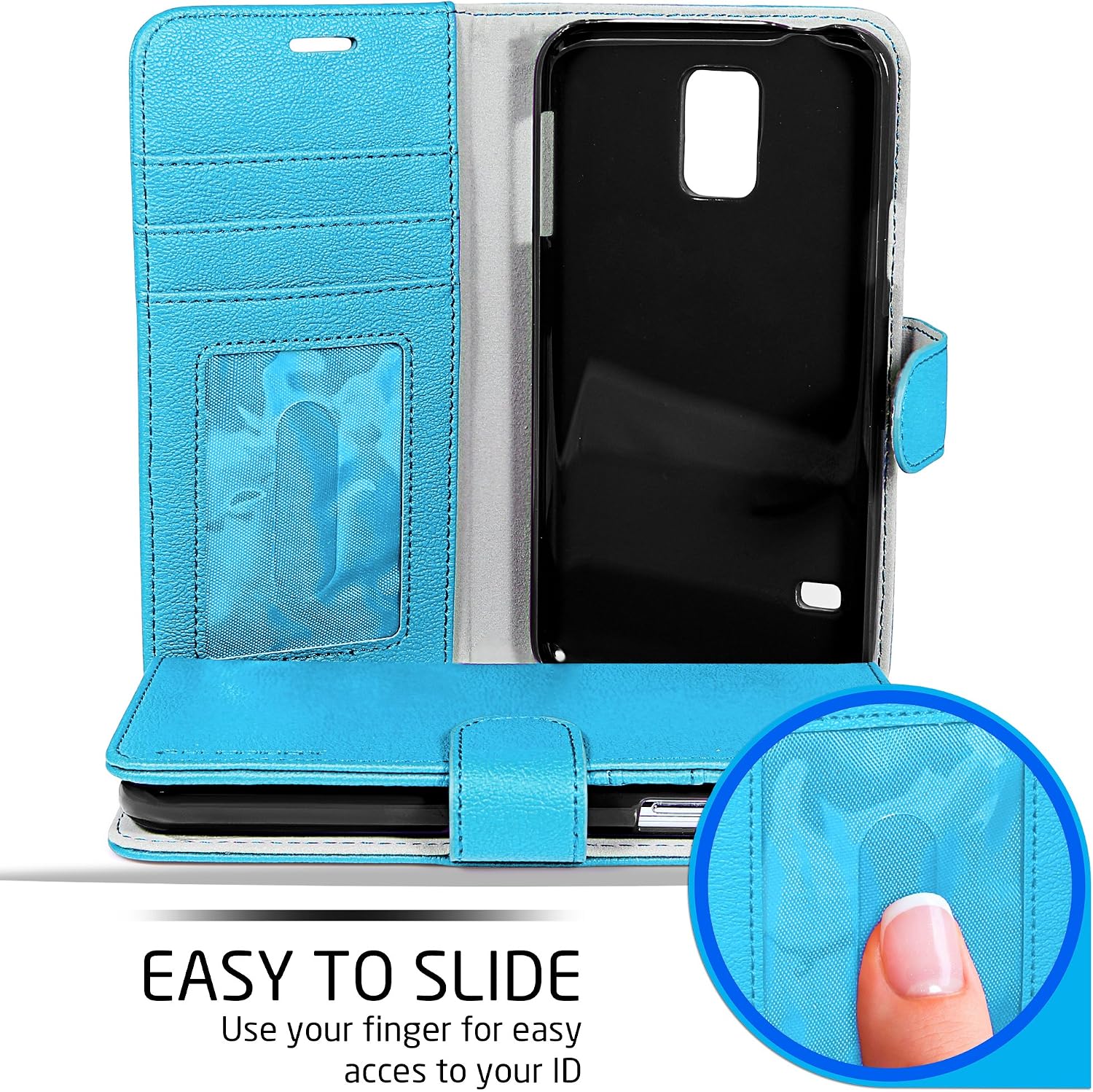 Galaxy S5 Case, BUDDIBOX [Wallet Case] Premium PU Leather Wallet Case with [Kickstand] Card Holder and ID Slot for Samsung Galaxy S5, (Sky Blue)