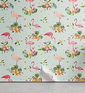 Lunarable Flamingo Peel & Stick Wallpaper for Home, Flamingo Bird Tropical Flowers Fruits Pineapples Vintage Style Art, Self-Adhesive Living Room Kitchen Accent, 13