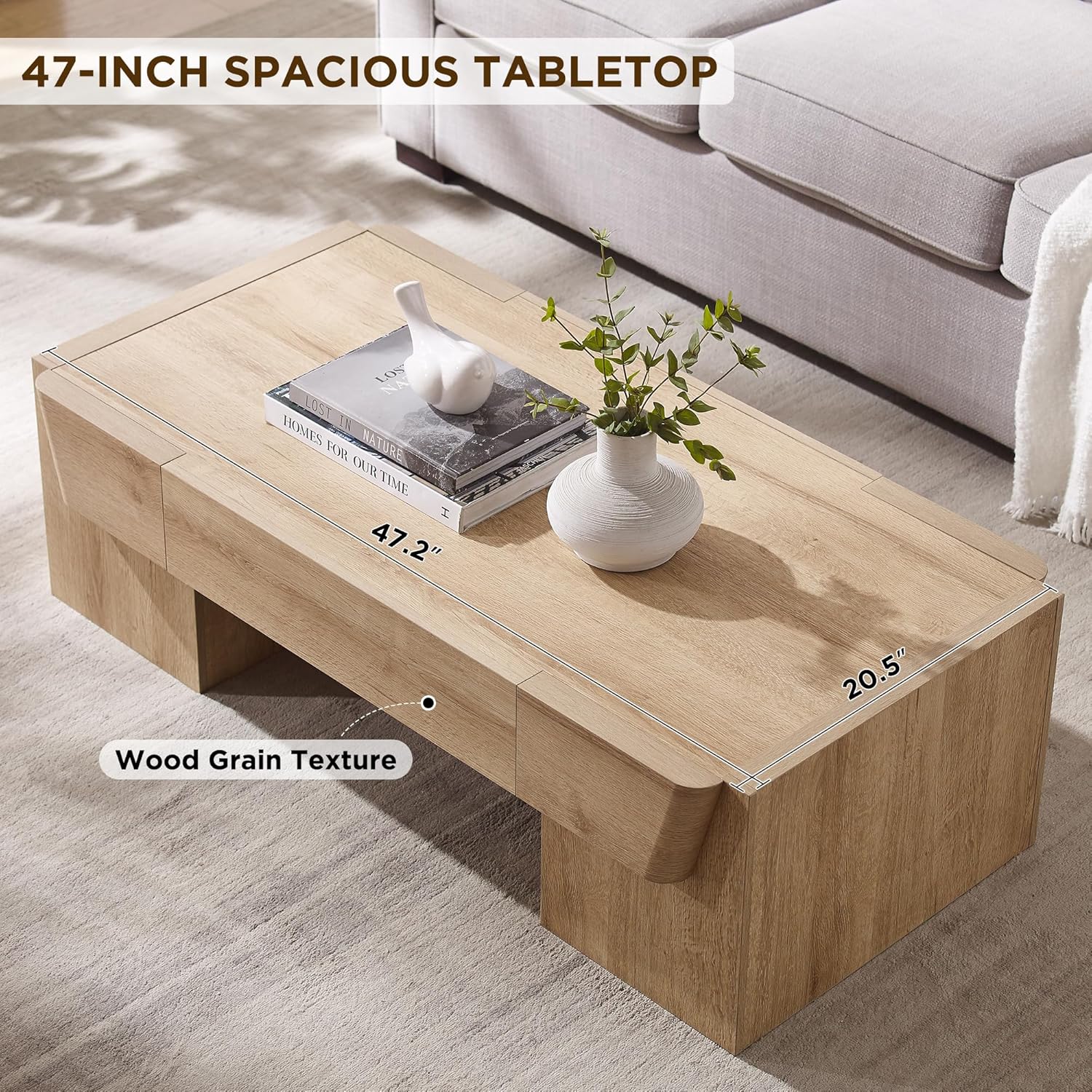 JXQTLINGMU 47" Modern Coffee Table with Storage, Wood Large Coffee Table with Drawer, Rectangle Center Table for Living Room, Natural Oak