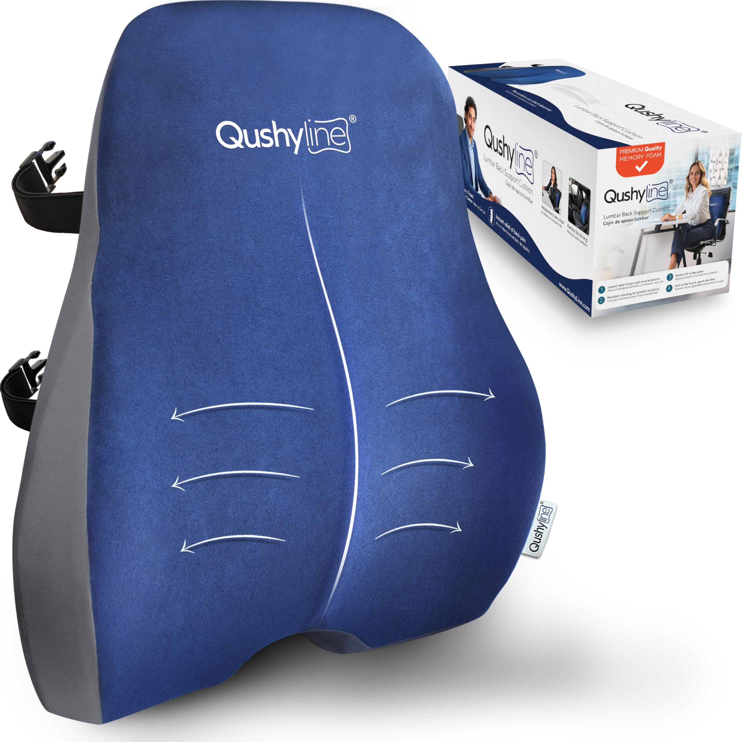 QushyLine - Cojin Lumbar Silla Oficina Viscoelástico, Cojin Silla Oficina ergonomico, Respaldo Lumbar silla oficina, Cojin asiento coche, Cojin lumbar sofa, Correas Ajustables, Alivio del Dolor lumbar