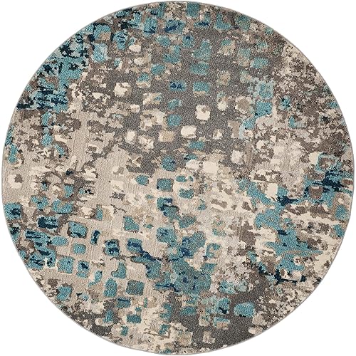SAFAVIEH Monaco Collection Area Rug - 6'7" Round, Grey & Light Blue, Boho Chic Abstract Watercolor Design, Non-Shedding & Easy Care, Ideal for High Traffic Areas in Living Room, Bedroom (MNC225E)