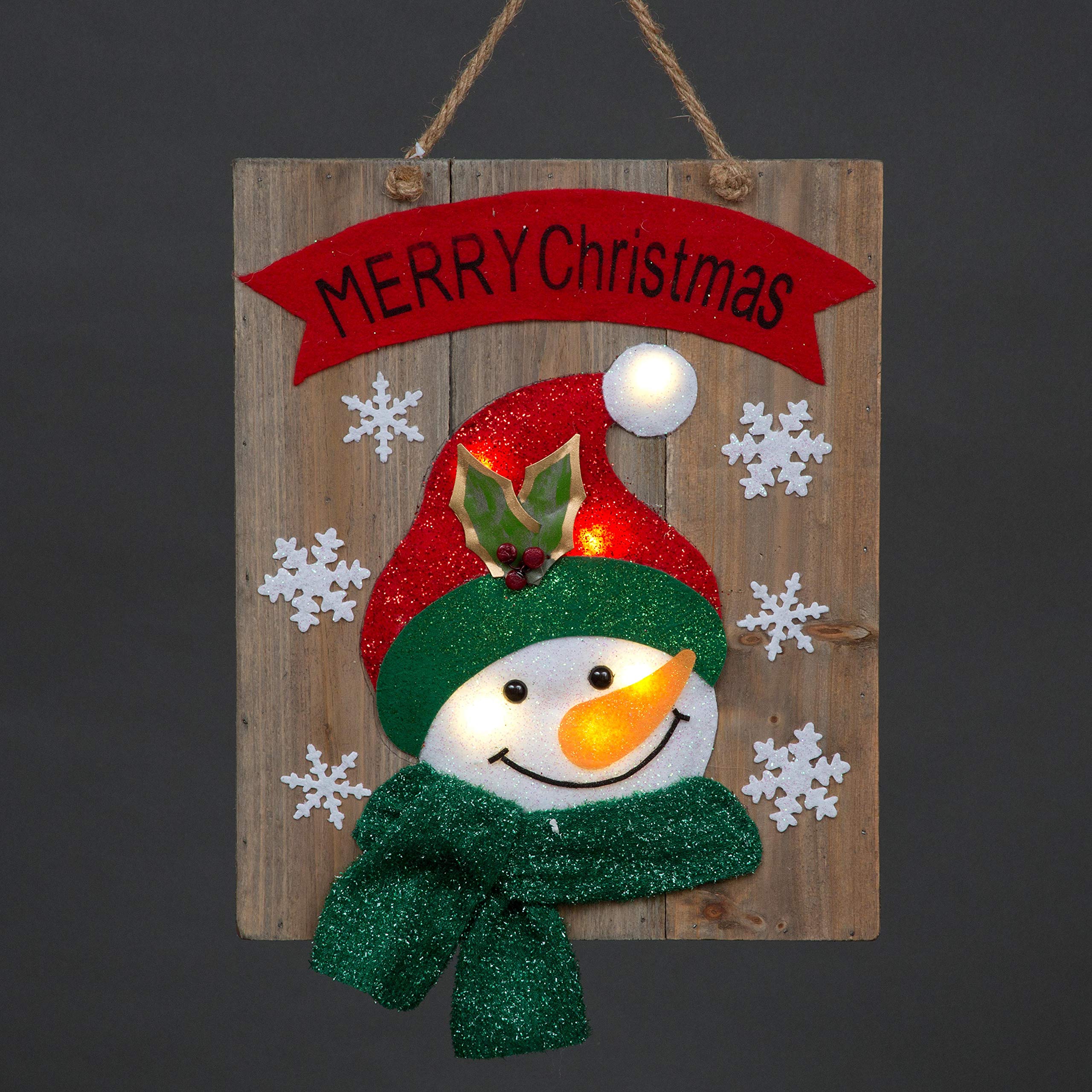 Shatchi Snowman Led Light-Up Wooden Snowflakes Wall Hanging Battery Operated 30X36cm - Merry Christmas Decoration
