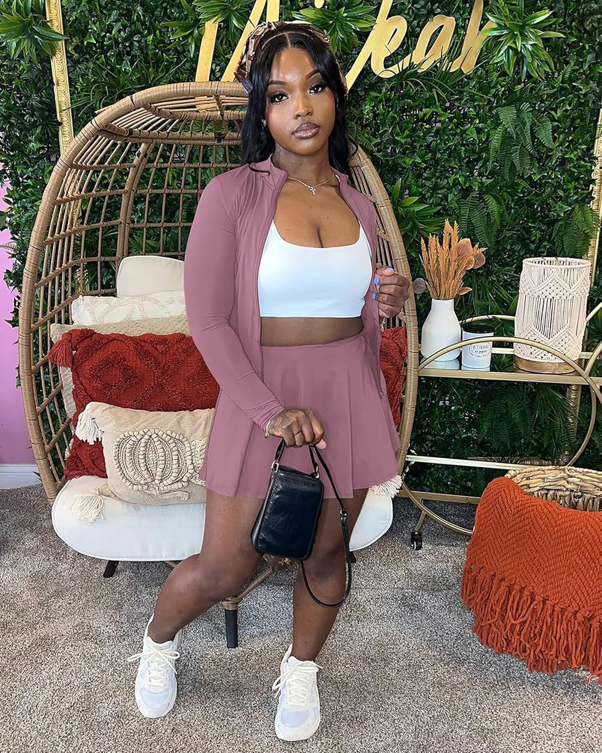 Adogirl Womens Sexy Flared Tennis Skirt Sets Slim Zip Up Jacket 2 Piece Outfits Athletic Matching Mini Dress with Shorts - Image 4