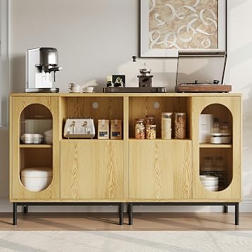 Einhomn Sideboard Buffet Cabinet Set of 2 with Fluted Glass Doors and Adjustable Shelf, Wood Modern Accent Cabinet with Storage for Kitchen, Entryway, Living Room, Natural