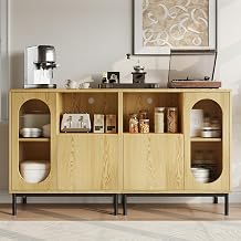 Einhomn Sideboard Buffet Cabinet Set of 2 with Fluted Glass Doors and Adjustable Shelf, Wood Modern Accent Cabinet with Storage for Kitchen, Entryway, Living Room, Natural