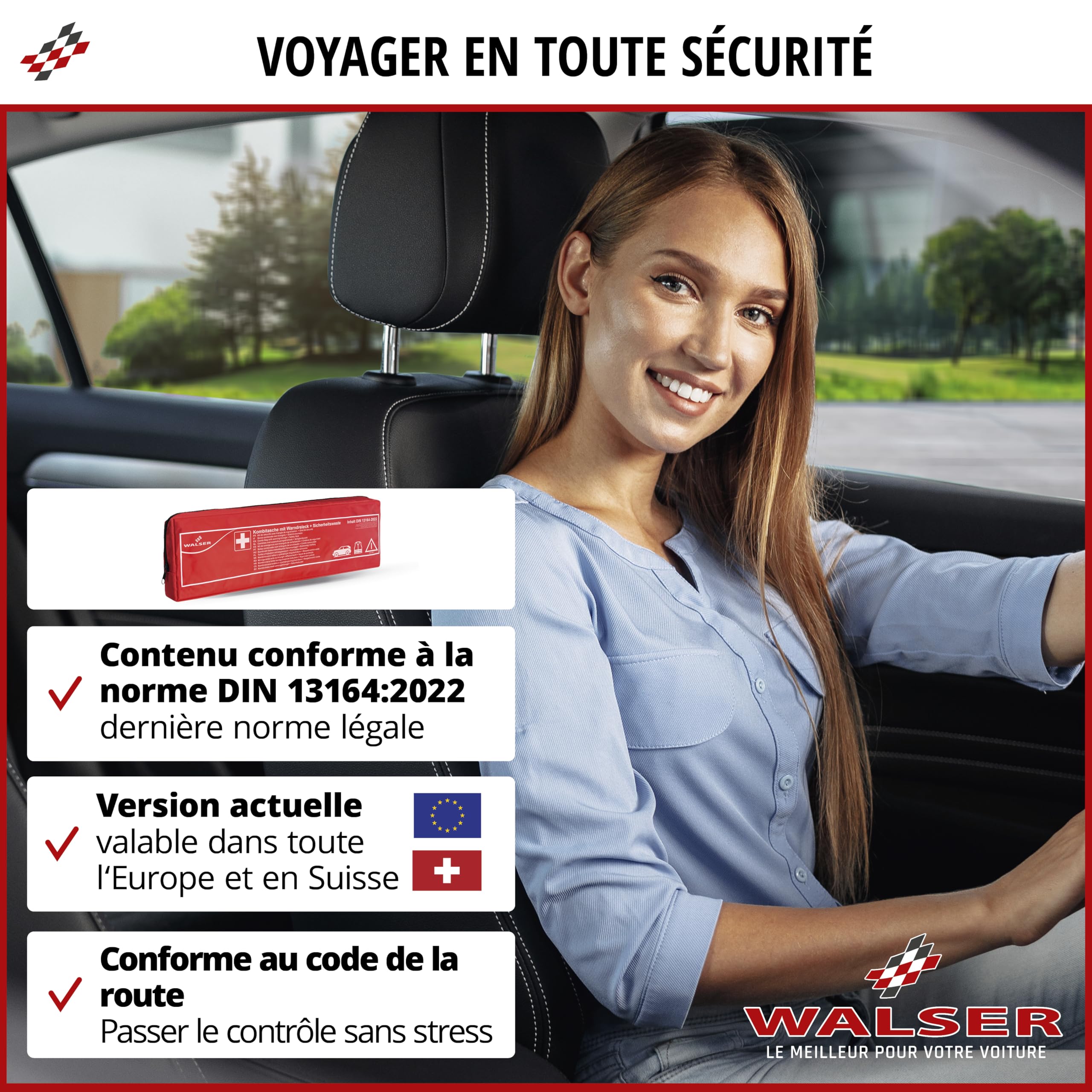 WALSER Trousse de secours voiture, trousse de secours voiture 2026 avec triangle de panne et gilet de sécurité vainqueur du comparatif* DIN 13164