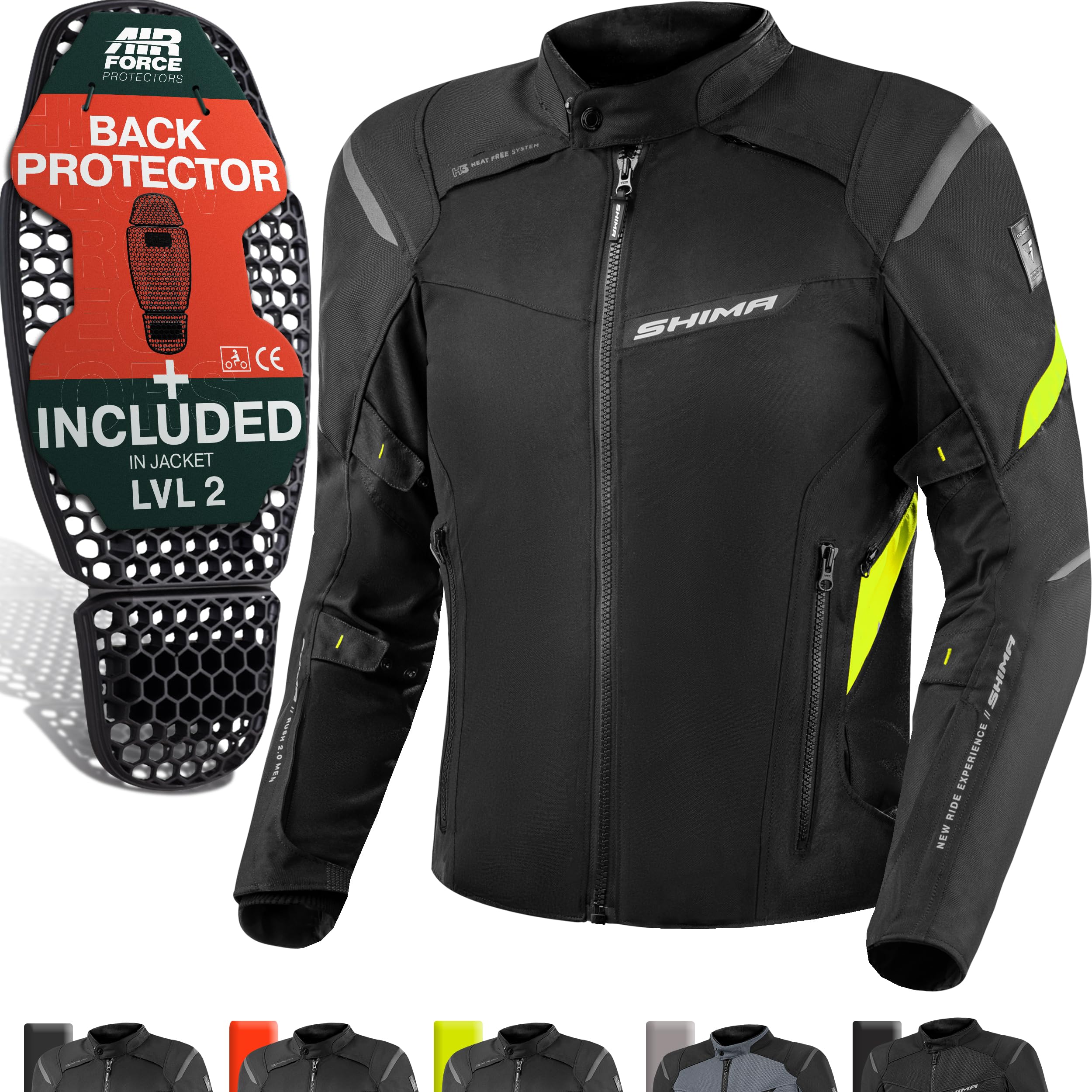 SHIMA RUSH Motorbike Jackets for Men AIRFORCE Back Protector Armour Riding Motorcycle Jacket Summer Winter Bikers Waterproof Lightweight Armoured Motorcycles (Mens, Jacket Regular, Fluo, S)