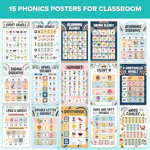 Miniatura 3 de Decorably 15 pósteres de fonética boho arcoíris para aula, 11 x 17 pulgadas, laminado mate, educativo, bohemio, sonido, decoración fonética para aula