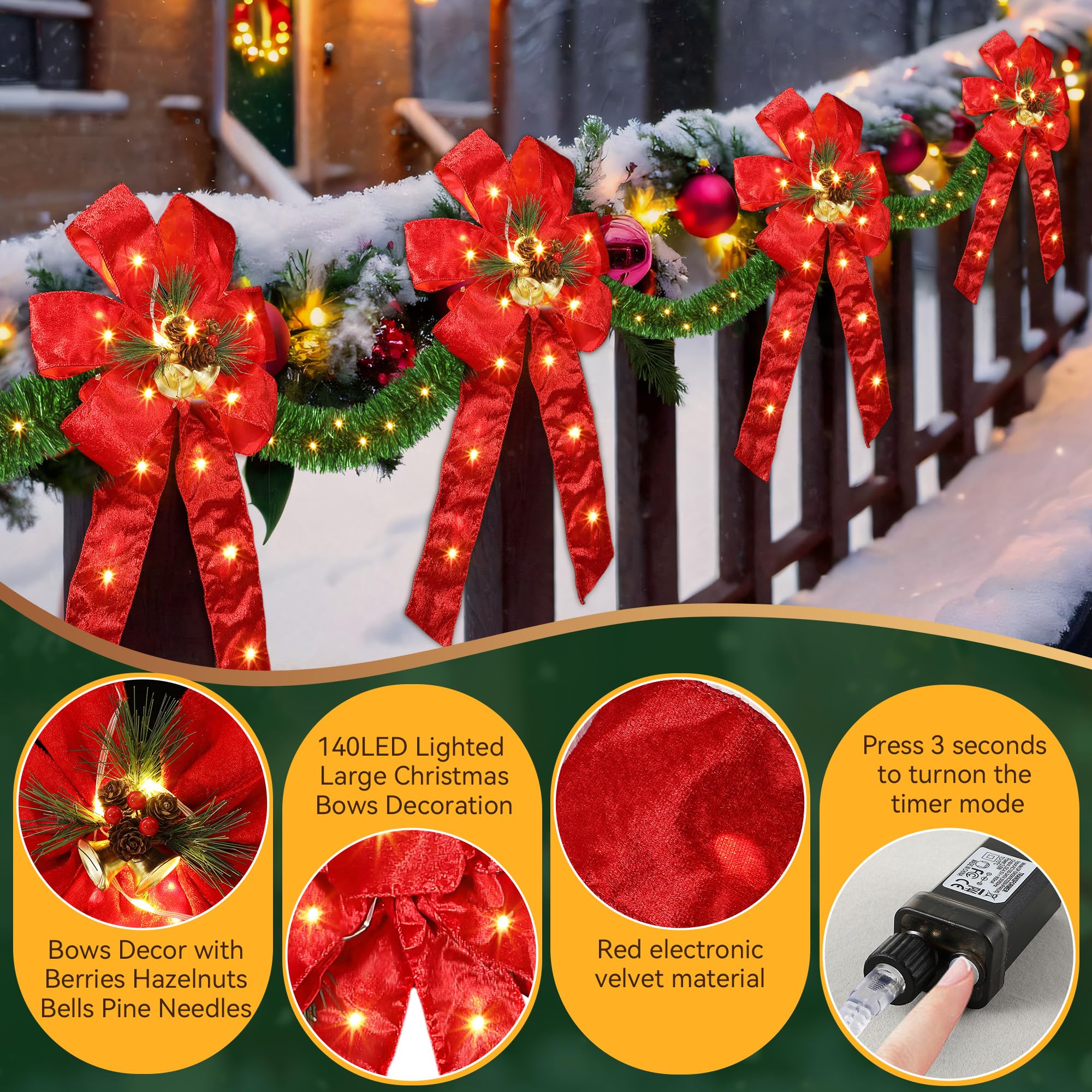 Nœuds de Noël de 4 m pour décoration de clôture, grands nœuds de Noël éclairés à 140 DEL avec 8 modes et minuterie pour porte d'entrée de fête, cheminée (rouge, guirlande artificielle)