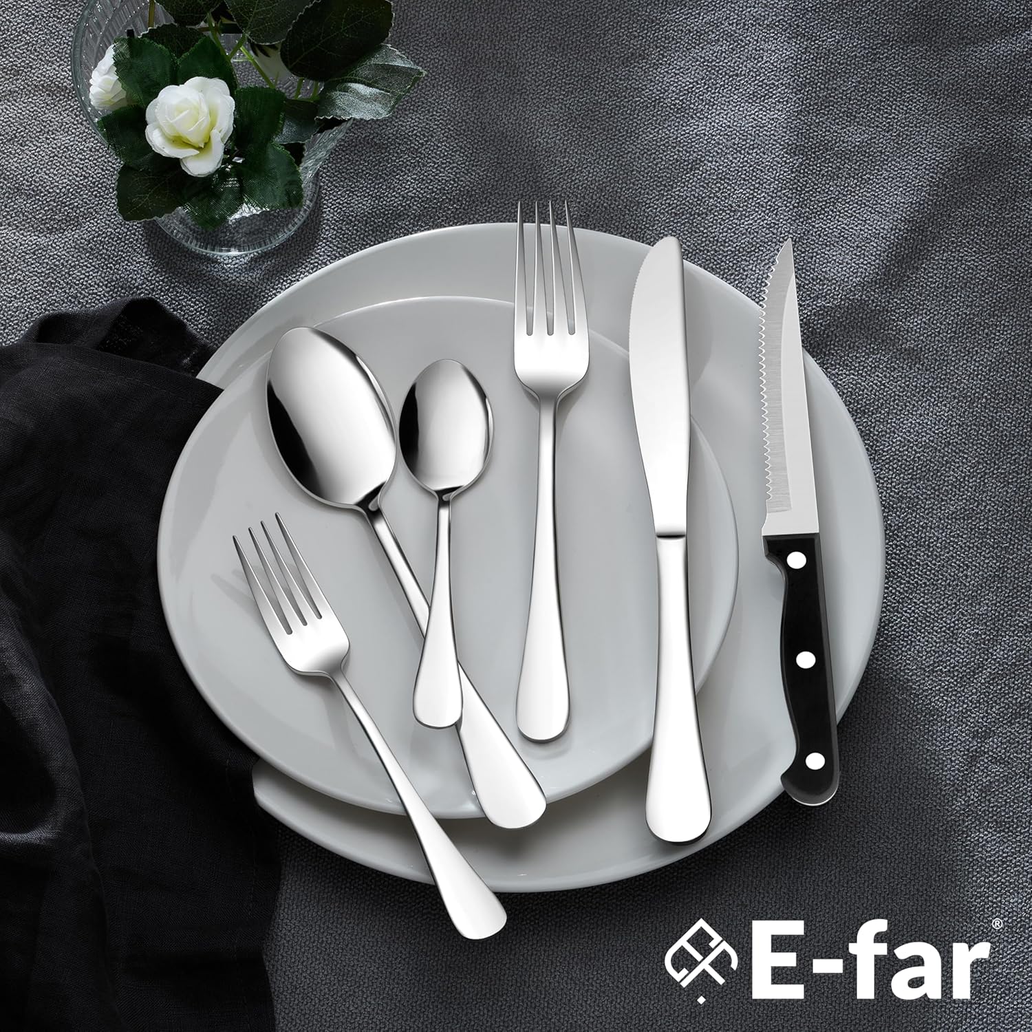 E-far Silverware Set with Organizer, 49-Piece Stainless Steel Flatware Cutlery Set for 8 with Steak Knives, Kitchen Metal Eating Utensils Sets Include Forks Spoons Knife, Mirror Polished & Rust Proof