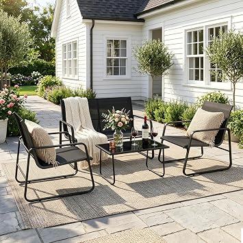 Gotland 4-Piece Garden Patio Furniture Set, 2026 Upgrade Outdoor Table and Chairs with Loveseat, Breathable Fabric & Steel Frame for Backyard,Balcony,Terrace, All-Weather