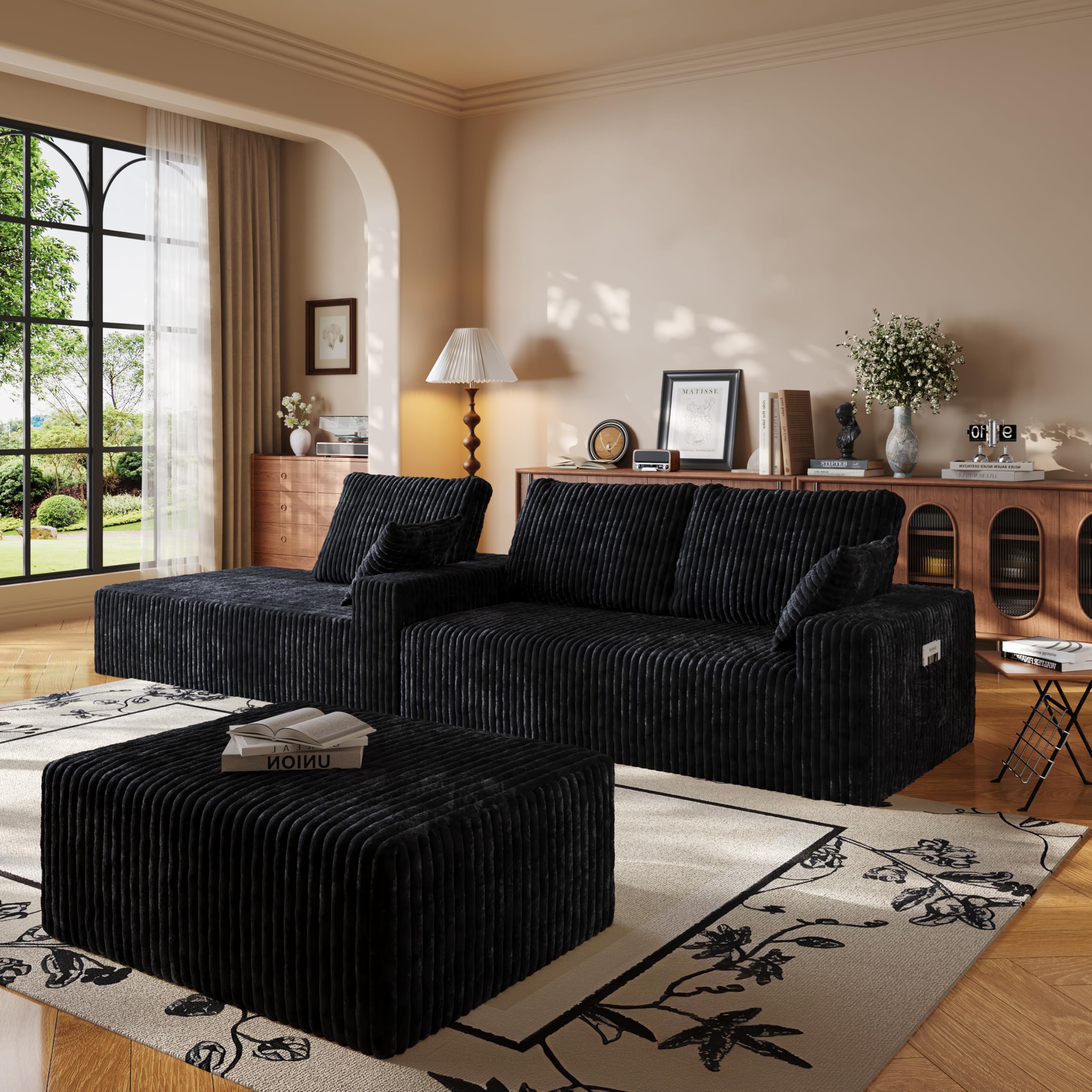 108" U-Shape Modular Sectional Cloud Couch with Ottoman, Deep Seat Boneless Couch with Oversized Chaise Lounge, Comfy Flannel Fabric Sofa for for Living Room Bedroom Apartment Game Room Basement