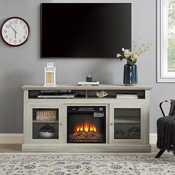 TV Stand with 24.5 Electric Fireplace for 55-65 Inch TV, 58 Modern Media Entertainment Center with Farmhouse Wooden Door Storage Cabinet for Living Room Grey