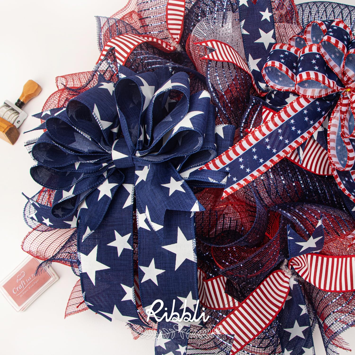 Ribbli Patriotic Wired Ribbon, 2 Rolls Navy Star and Red Stripe Burlap Polyester Ribbon, 1-1/2 Inch Total 60 Feet (20 Yards), Perfect for Crafts, Wreath, 4th of July Decorations (Pack of 2)