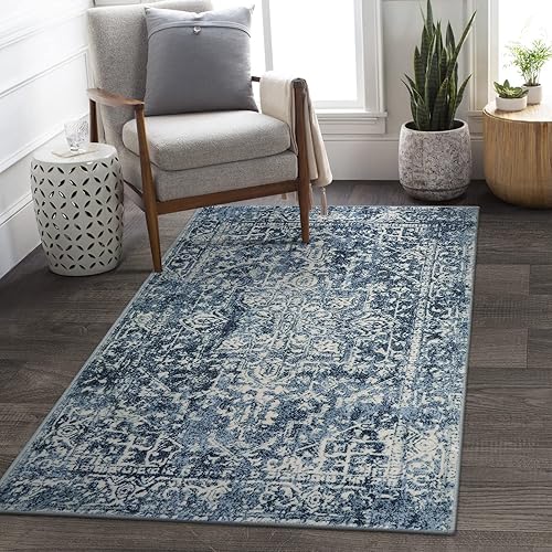 Morebes Alfombras Vintage de 3 x 5 Pulgadas para Sala de Estar, Alfombra Lavable Azul para Baño Resistente a Manchas Antideslizante, Alfombra Suave