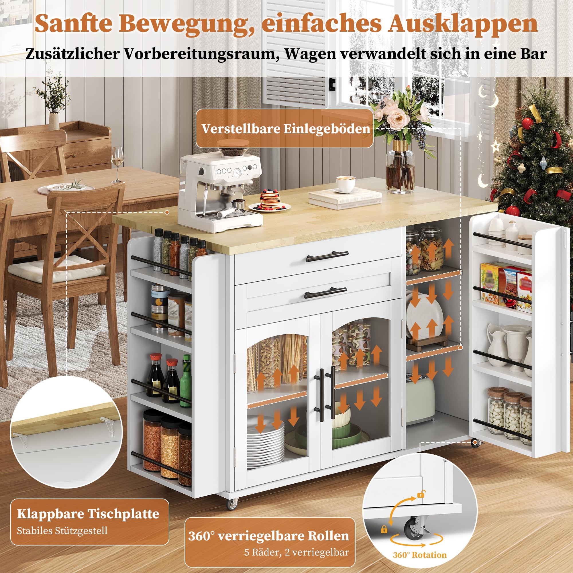 Merax Îlot de cuisine mobile avec plan de travail pliable, chariot de cuisine sur 5 roulettes avec frein, étagère à épices et tiroir, îlot de cuisine avec beaucoup d'espace de rangement, 120 x 45 (70