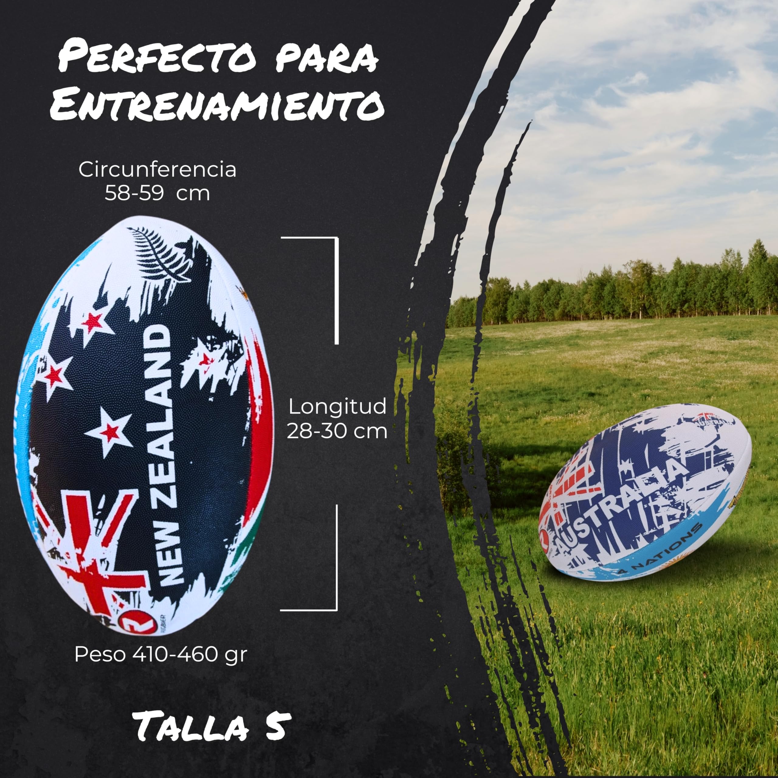 Rugbier Pallone Da Rugby Allenamento T5 Retro – Taglia 5, Peso 410-460g, Design Nero Con Scritte Bianche
