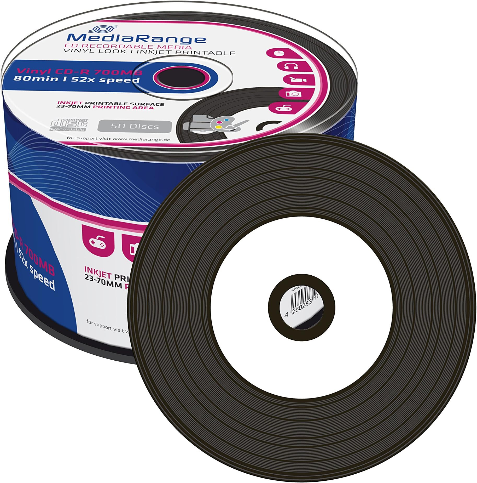 2 x MR226 MediaRange (= 100 DISCS) CD-R (52x Speed, 700MB/80 Min, Printable Vinyl 2x Spindle of 50)