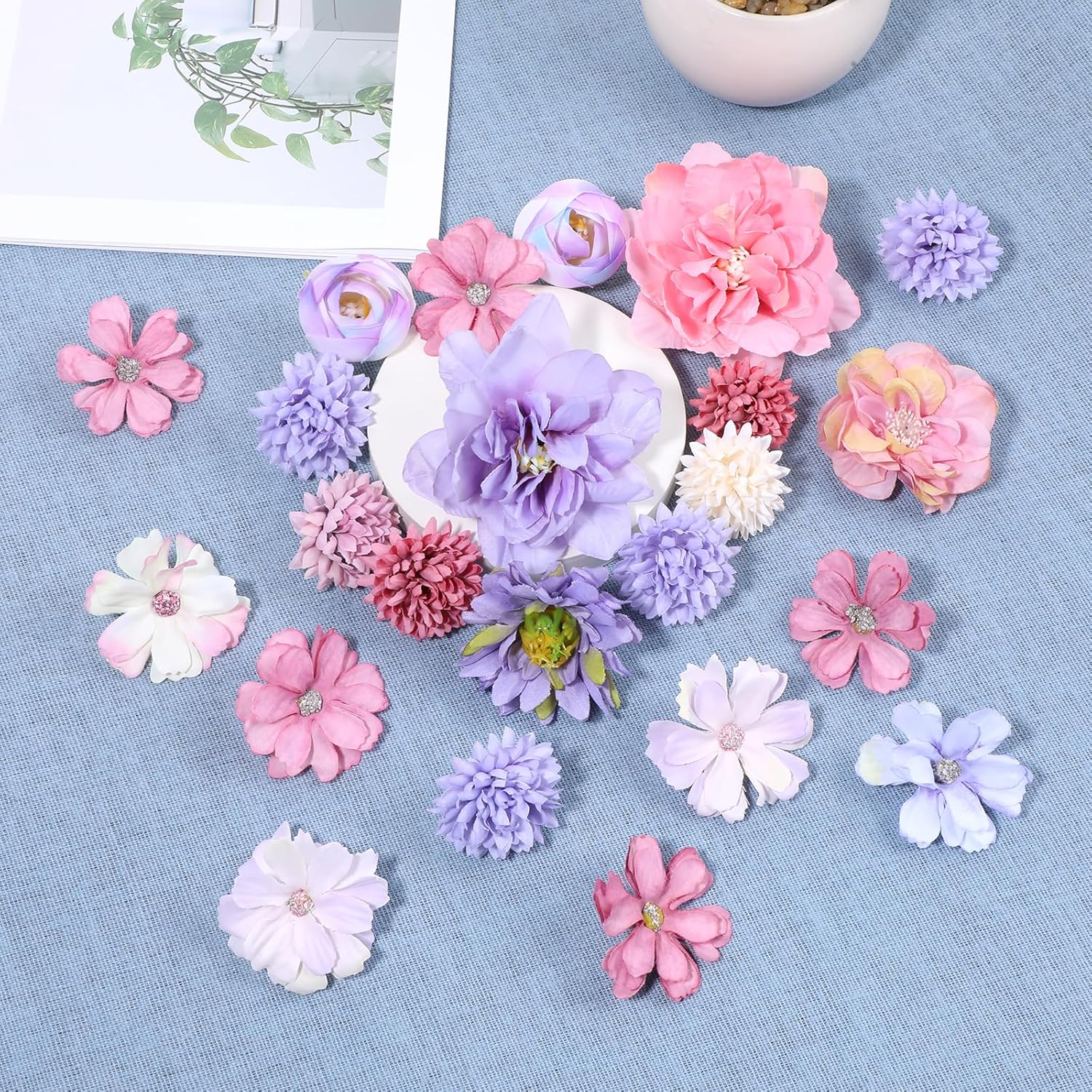 Sliverdew 30 PCS Artificial Flowers Heads, Purple Flowers Mix Silk Flower, Mini Flower Rose Daisy Multicolor Flowerss, Fake Daisy Heads Bulk Silk Faux Rose DIY Cake Decor - Image 3