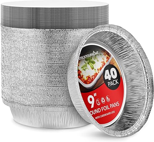 Miniatura 10 de Stock Your Home Sartenes redondos de papel de aluminio de 9 pulgadas con tapas (paquete de 40) latas para tartas desechables de 9 pulgadas con tapa,