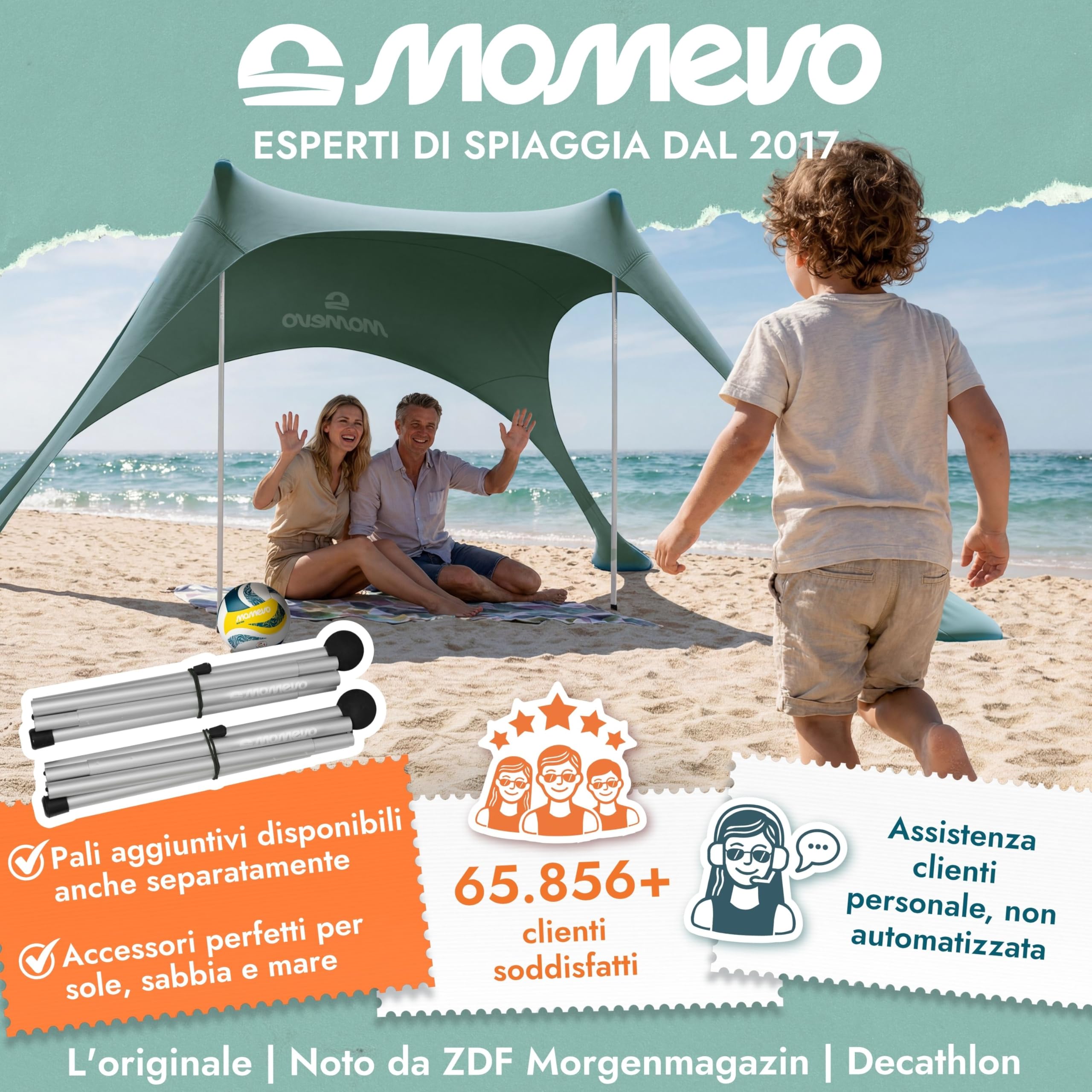 Tenda da spiaggia Sunsail – Telo ombreggiante da spiaggia con protezione UV UPF 50+, resistente al vento e leggera, tenda da spiaggia di nuova generazione (2 pali, Oliva)