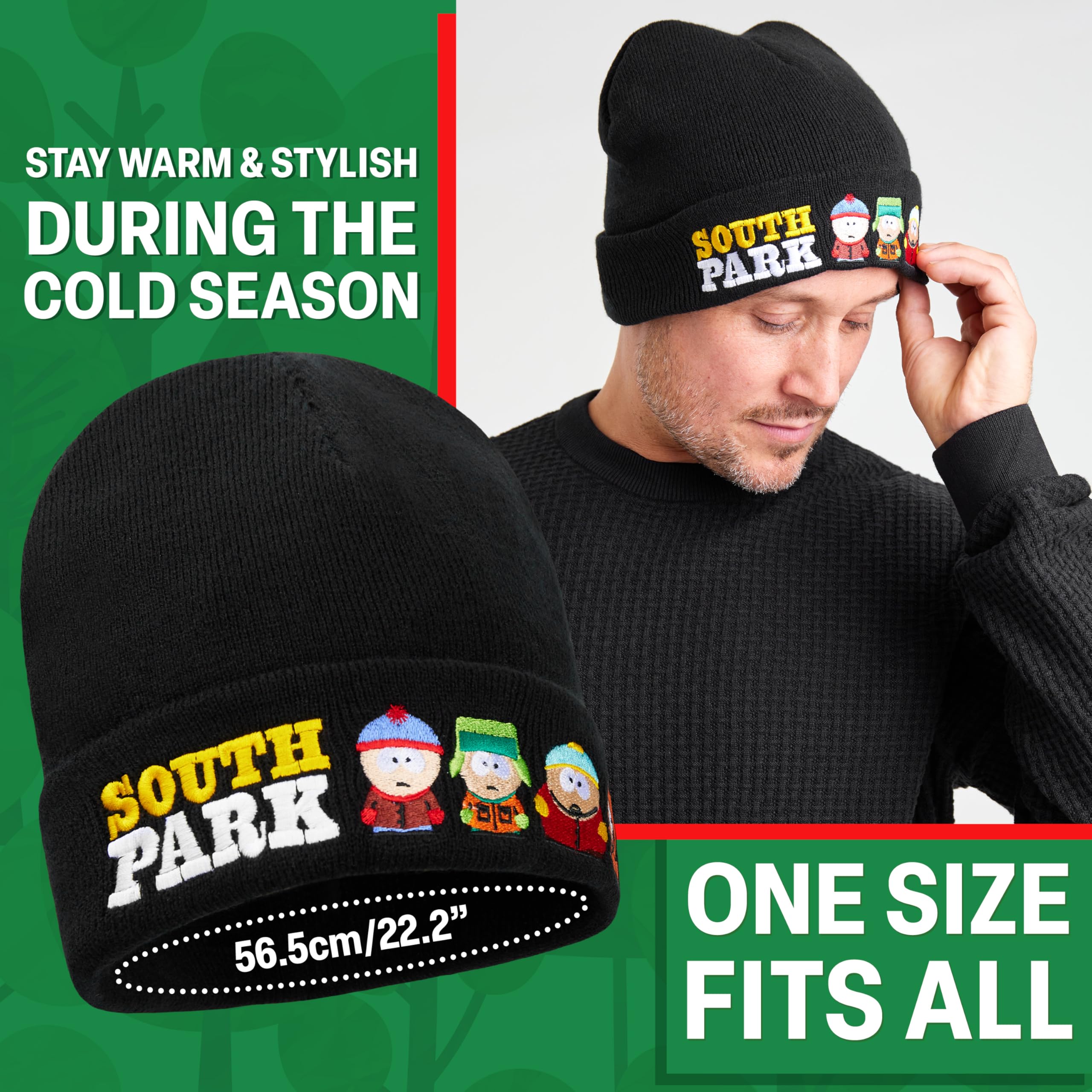 South Park Gorro Negro o Conjunto Bufanda Guantes y Gorro Adolescente, Accesorios de Invierno Cálidos para Días Fríos