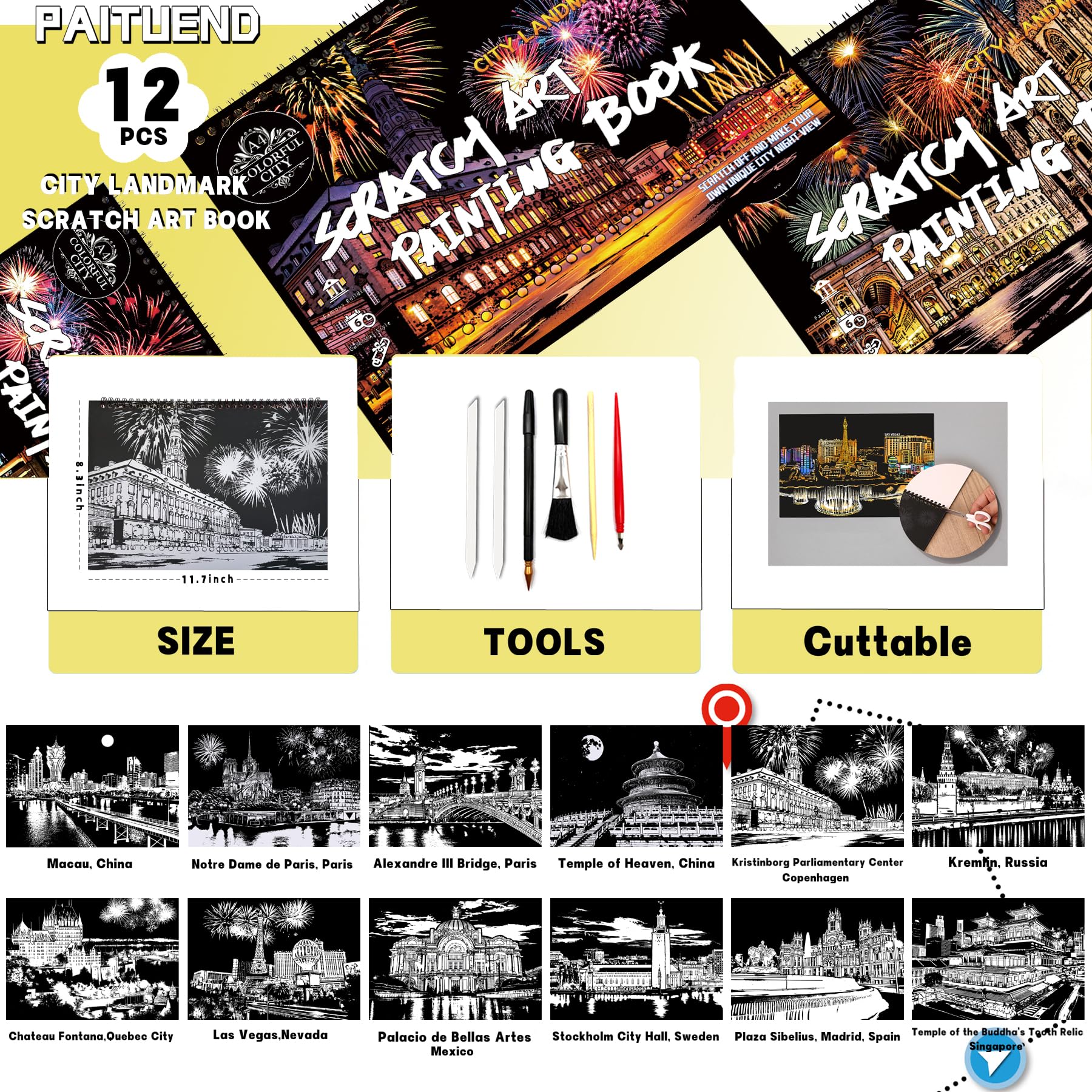 SiYear Scratch Art Painting Paper Set for Adults Landmark Building City Series Night Scene,Scratchboard Creative Gift DIY Foil Engraving Crafts with 4 Tools (A4-12Pack-City Series) - Image 3