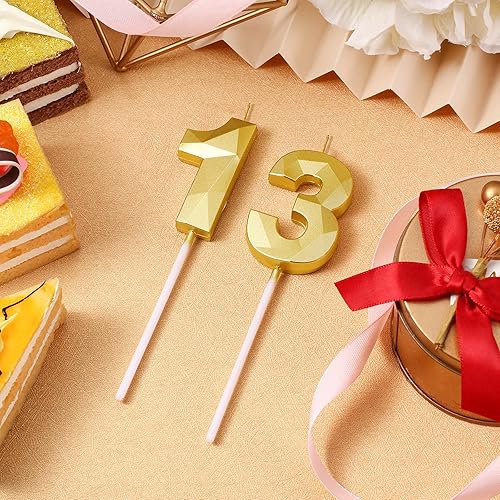 Miniatura 46 de Nuanchu Velas de cumpleaños número 21 y 12 con forma de diamante 3D, velas numéricas de feliz cumpleaños 21 para decoración de boda, fiesta Dorado