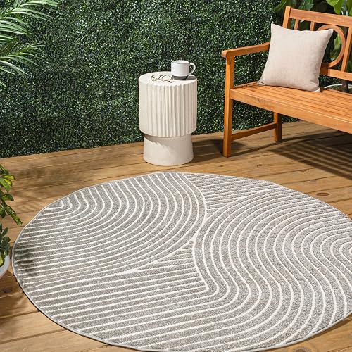JONATHAN Y Hallie High-Low Curve Gray/Ivory 6' Round Indoor/Outdoor Area Rug, Minimalist, Pet Friendly, Non-Shedding, St