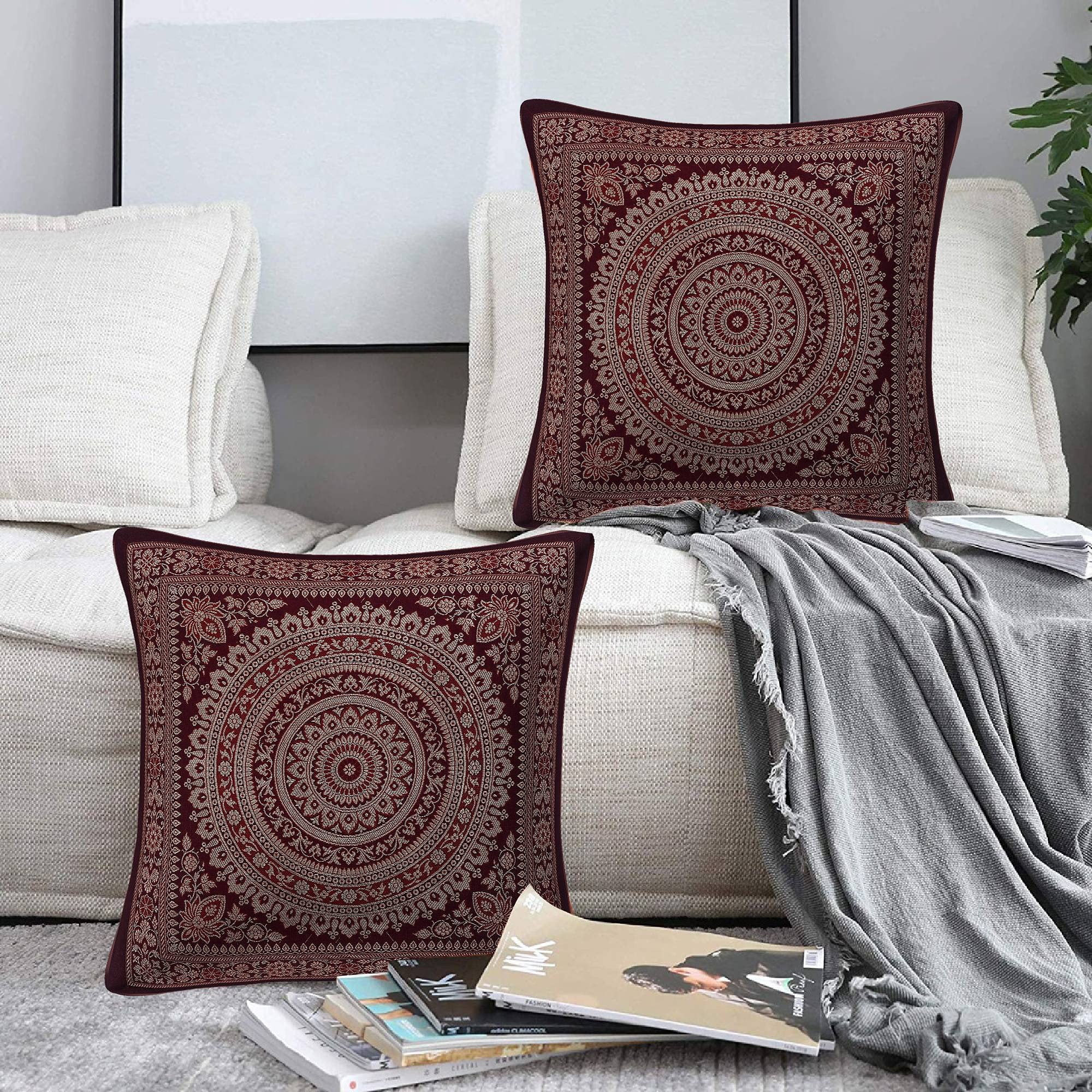 The Victory Home Decorative Maroon Silk Brocade Cushion Cover Set 2 Pcs 18 x 18 Inches