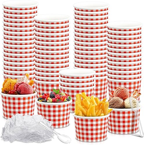 Miniatura 1 de Tessco Paquete de 100 vasos de helado de 12 onzas, tazones de papel desechables para postres para sopa caliente con 100 cucharas a cuadros para