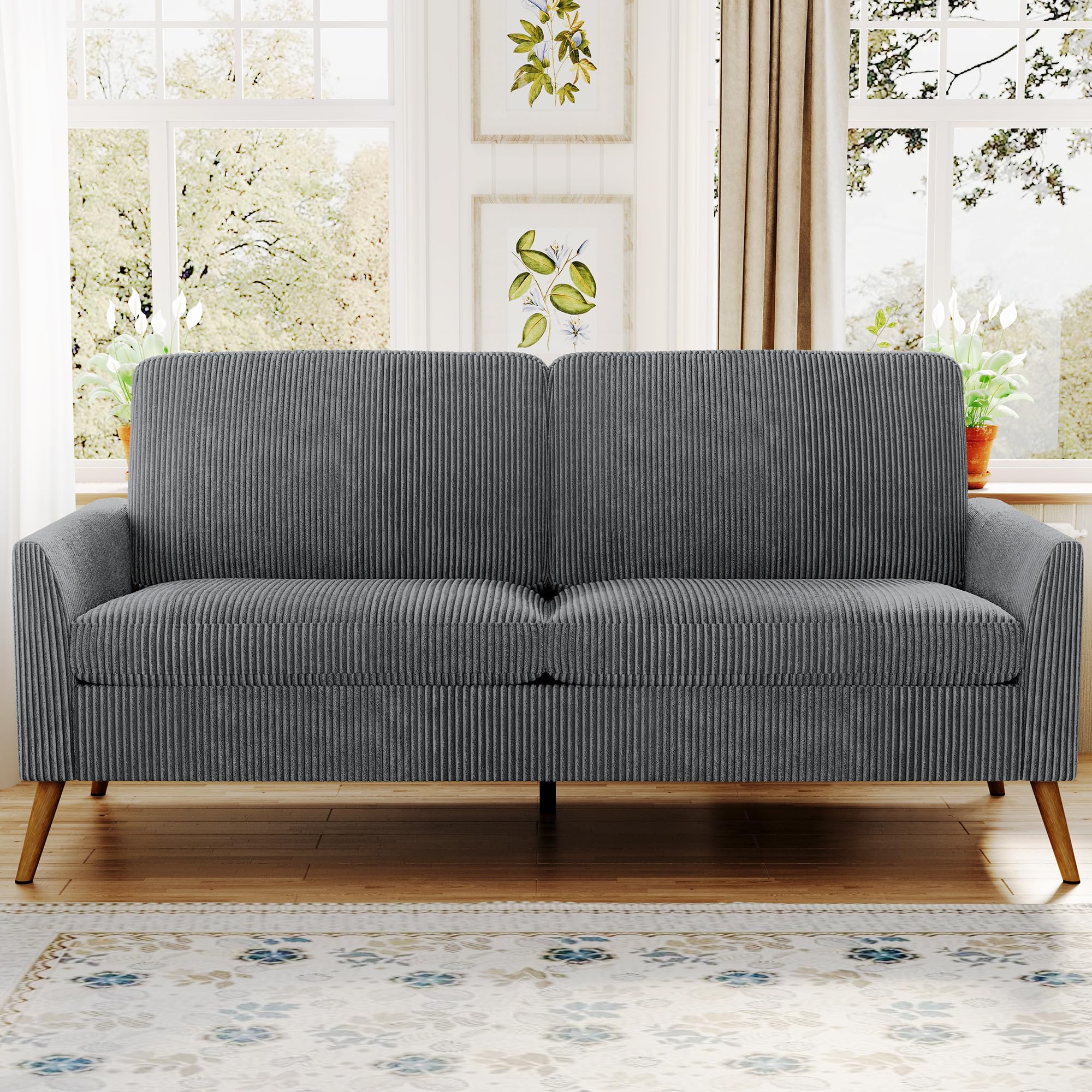 AMICLIBER 68" Loveseat Sofa, Comfy Grey Corduroy Couches for Living Room, Mid Century Modern Love Seat Sofa, Tool-Free Setup Small Couches for Bedroom