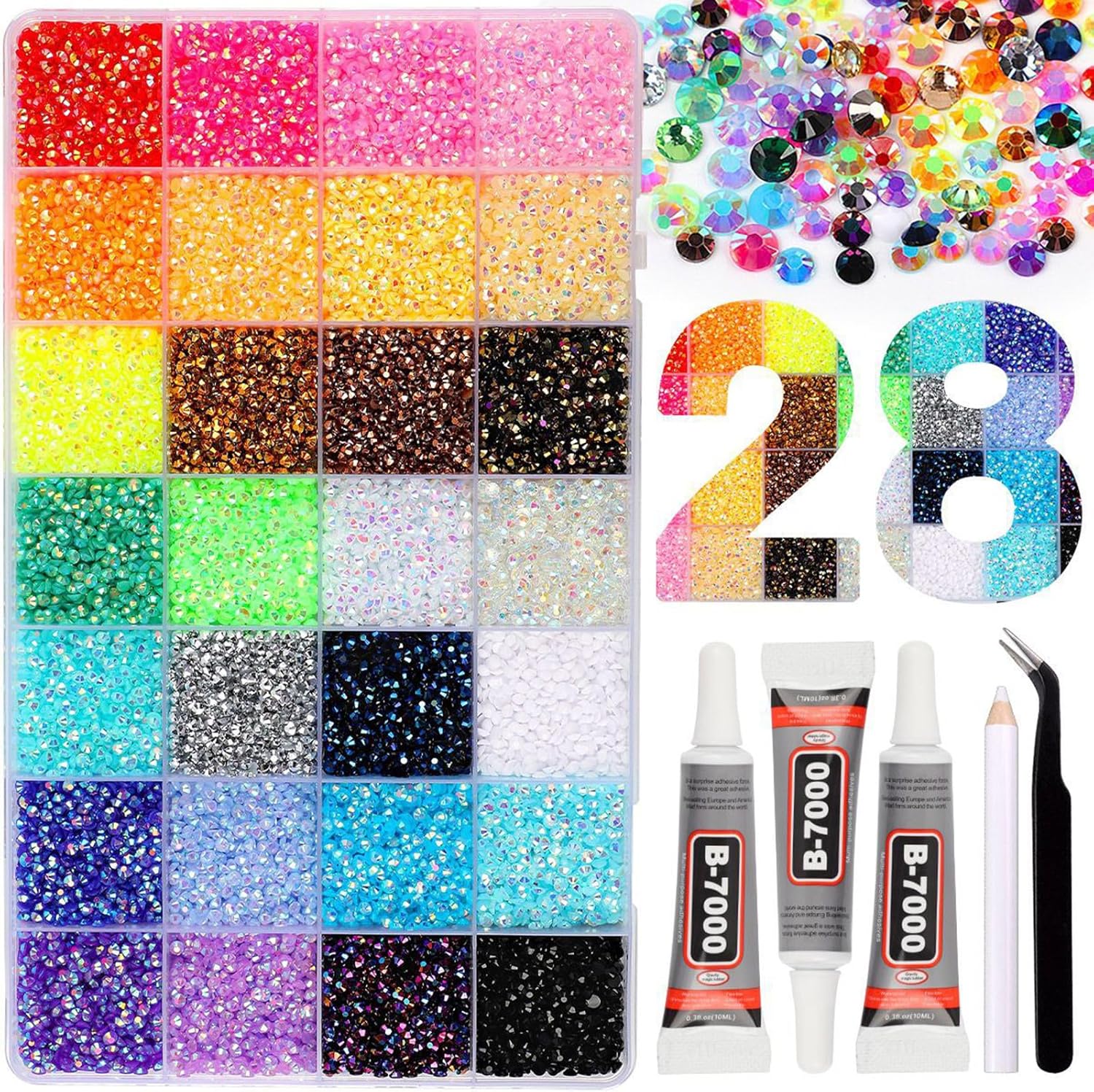 Bedazzle Resin Rhinestone Kits,3mm Flatback Rhinestones Kit for Bedazzling with Glue & Craft Tools,DIY Decoration Gems Kit for Nail Art Crafting Clothes Shoes Phone Case Easter Eggs (32 Colors)