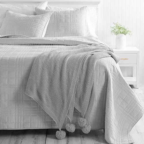 MARTHA STEWART Holiday Pom Pom 50" x 70" Throw Blanket, Solid Grey