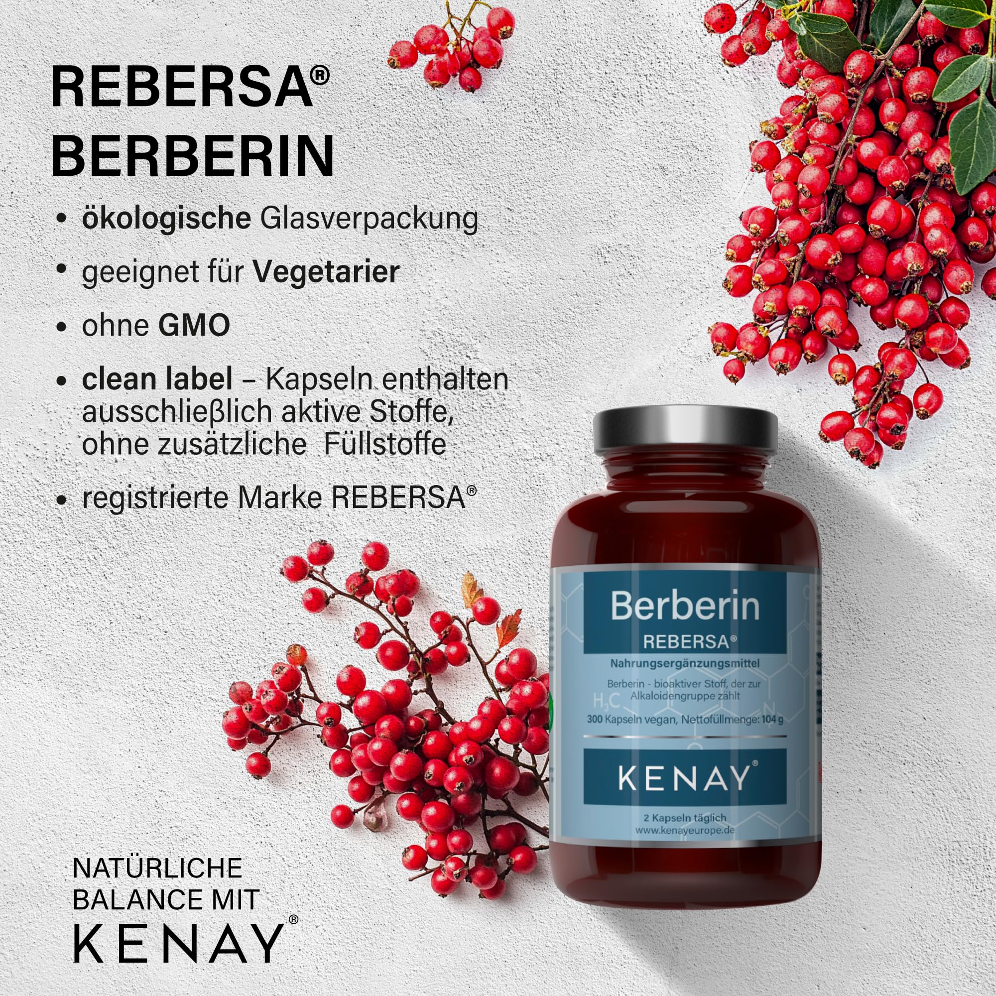 Berberina HCL REBERSA (Berberis aristata) - 500 mg por dosis diaria - Vegano - Sin estearato de magnesio - 300 cápsulas vege KENAY EUROPE