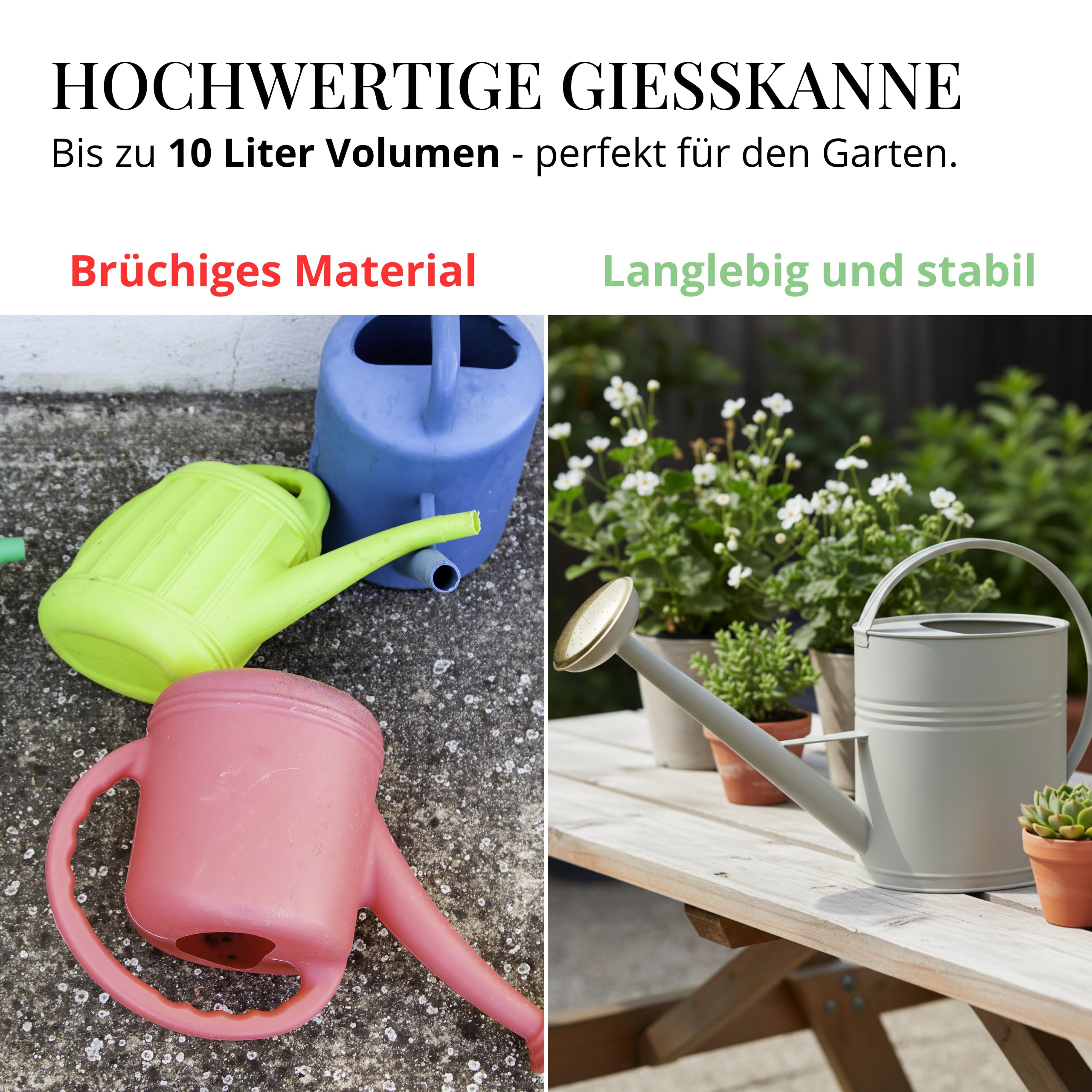 Gießkanne 10l, Gießkanne Metall für Garten & Balkon, Hochwertige Giesskanne 10 Liter aus verzinktem Metall, Gießkanne mit abnehmbarer Brause, Gießkanne Retro mit Messingbrause, Gießkanne Greige