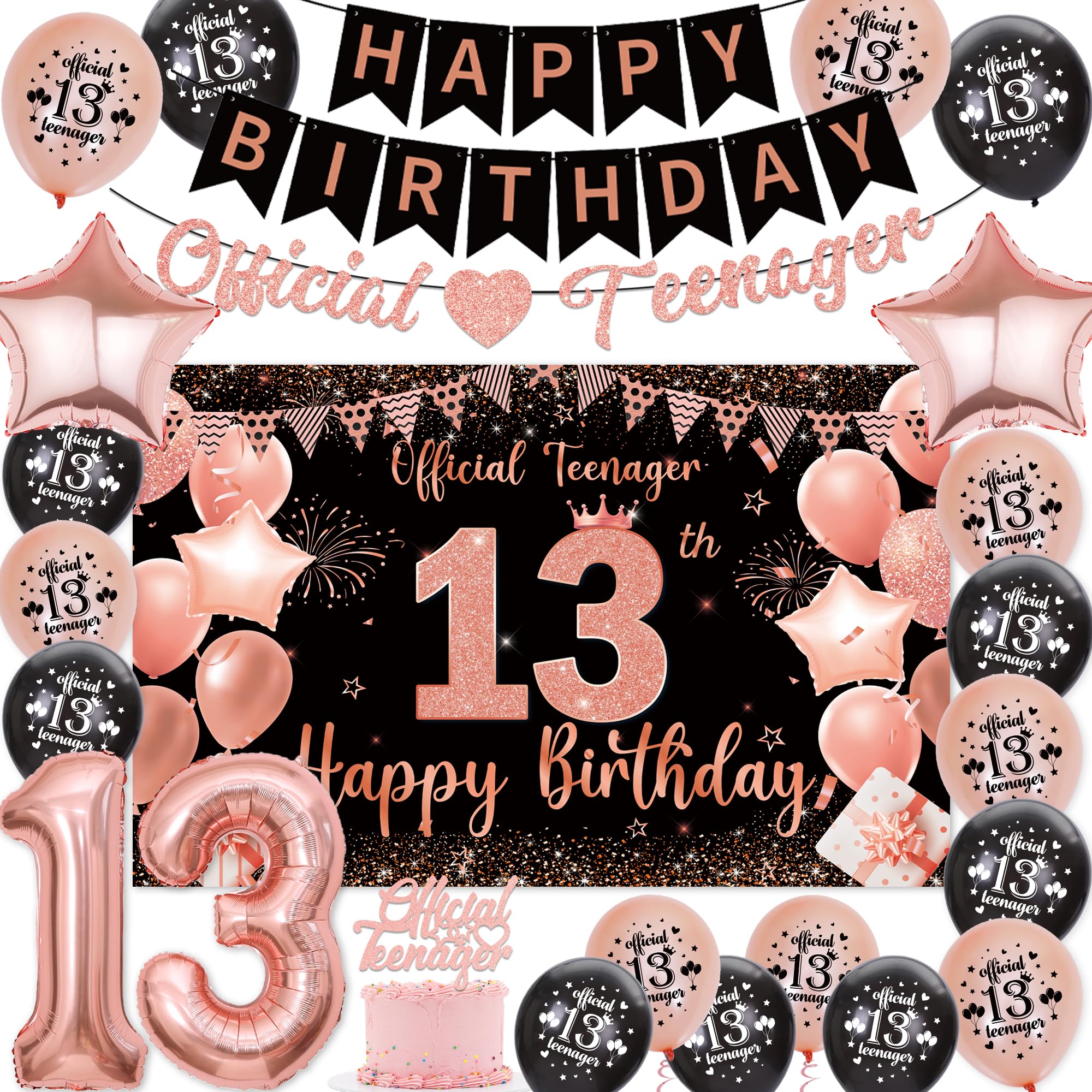 Sroeeshee 13th Birthday Decorations Girls - Black Rose Gold Official Teenager Banner Latex Balloons Happy Birthday Backdrop, Foil Balloon Cake Topper for 13 Years Old Girl Party Supplies